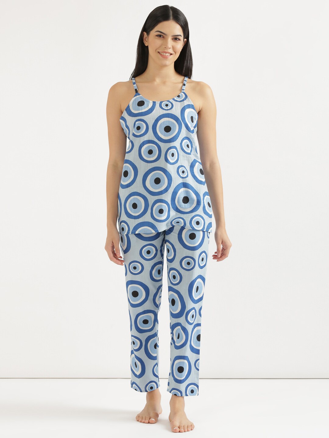 

SHOOLIN Geometric Printed Pure Cotton Top With Pyjamas, Blue