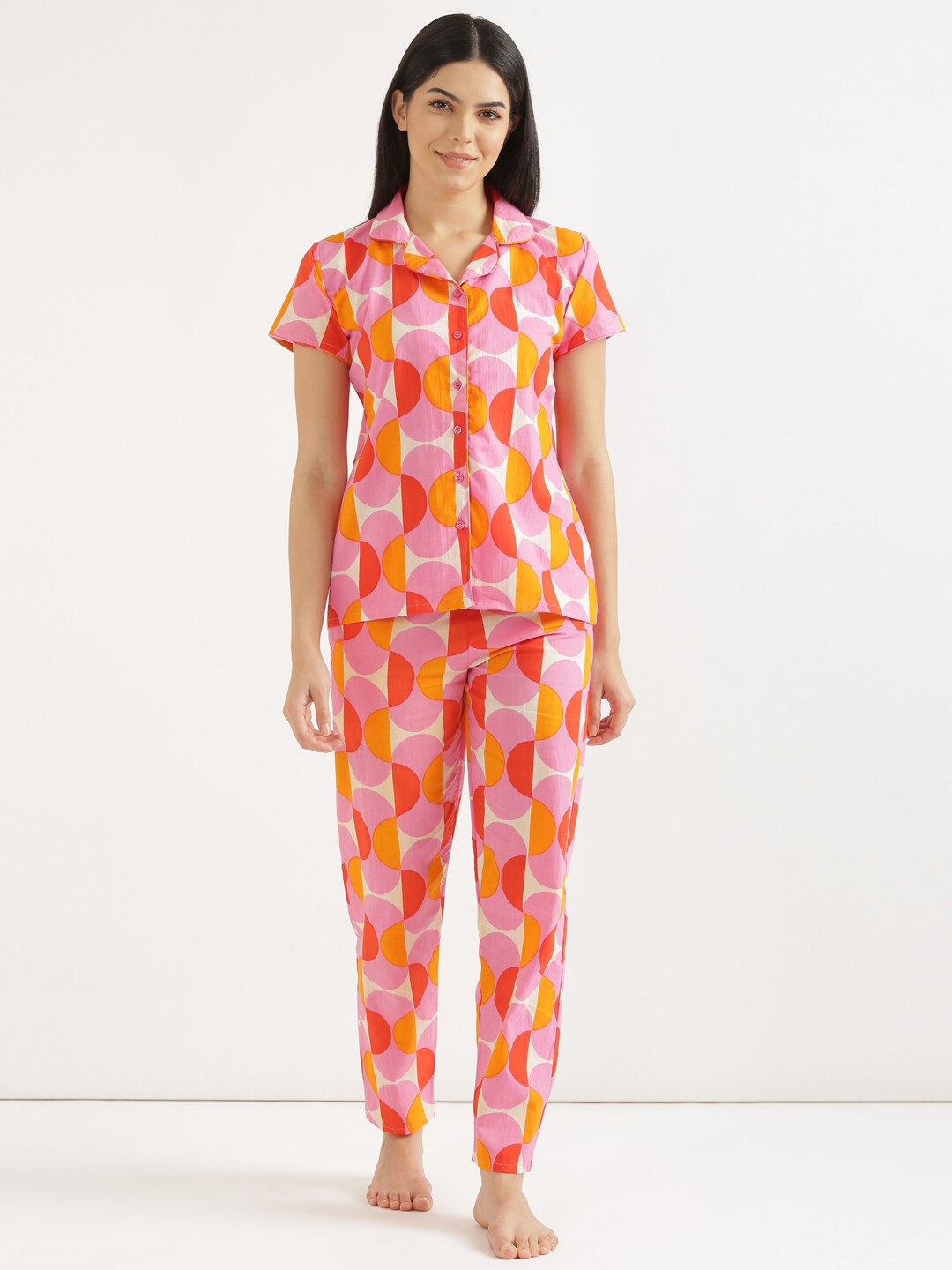 

SHOOLIN Geometric Printed Pure Cotton Shirt With Pyjamas, Cream