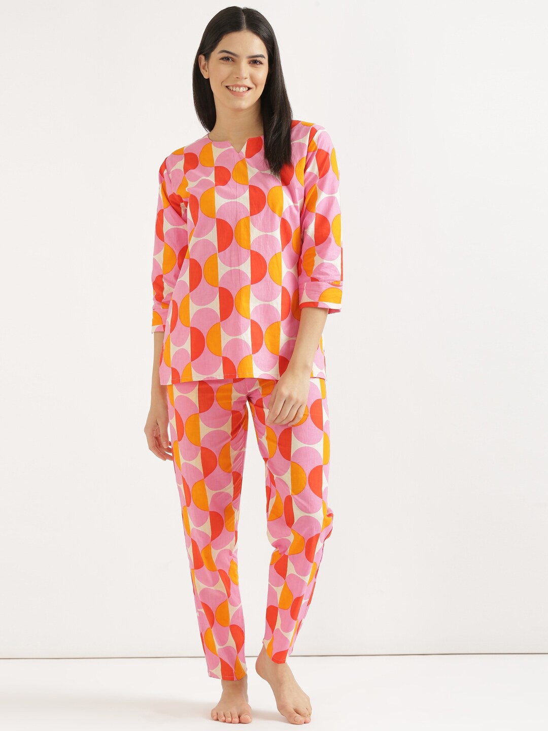 

SHOOLIN Evil Eye Printed Pure Cotton Night Suit, Orange