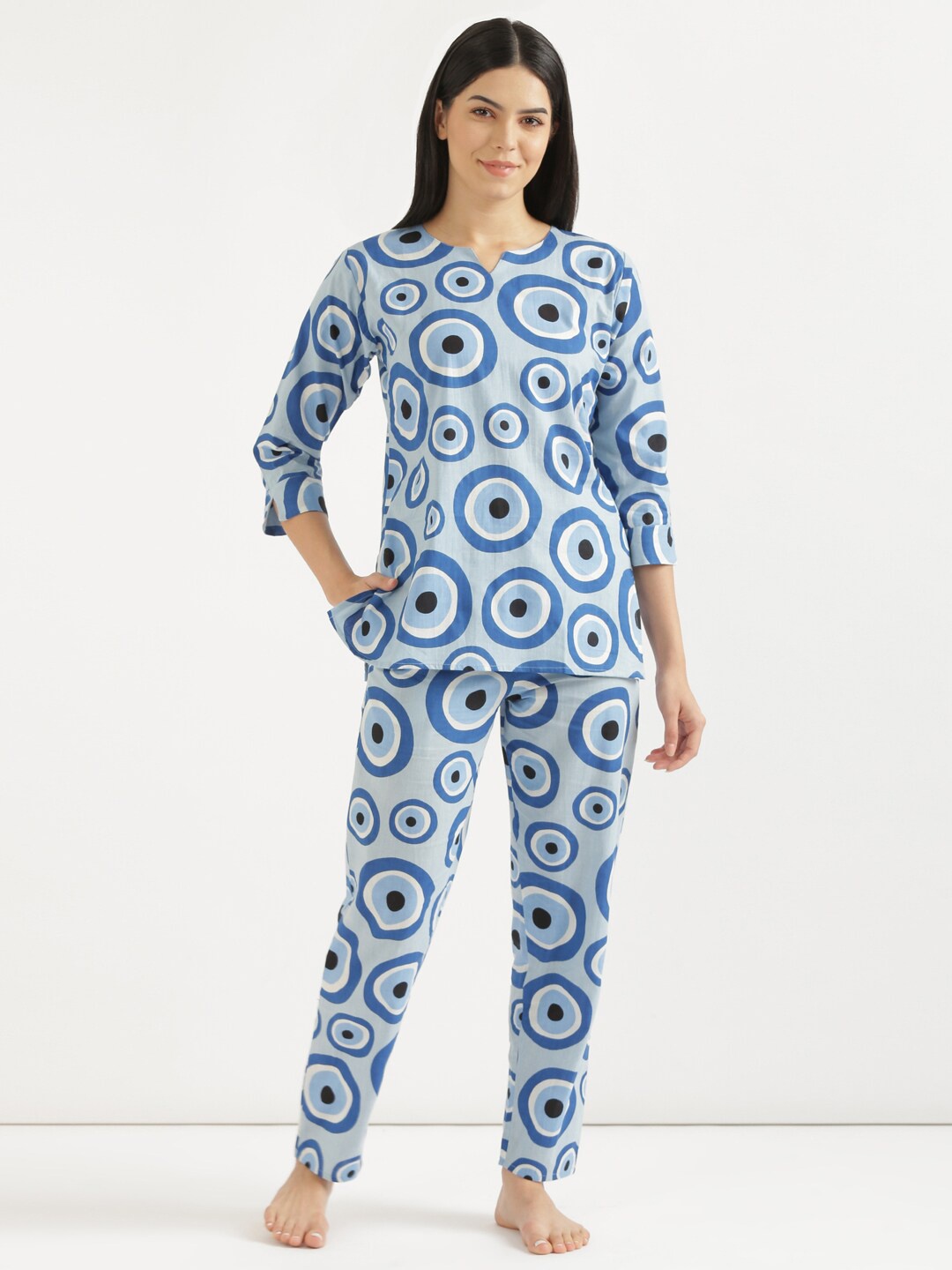 

SHOOLIN Evil Eye Printed Pure Cotton Night Suit, Blue