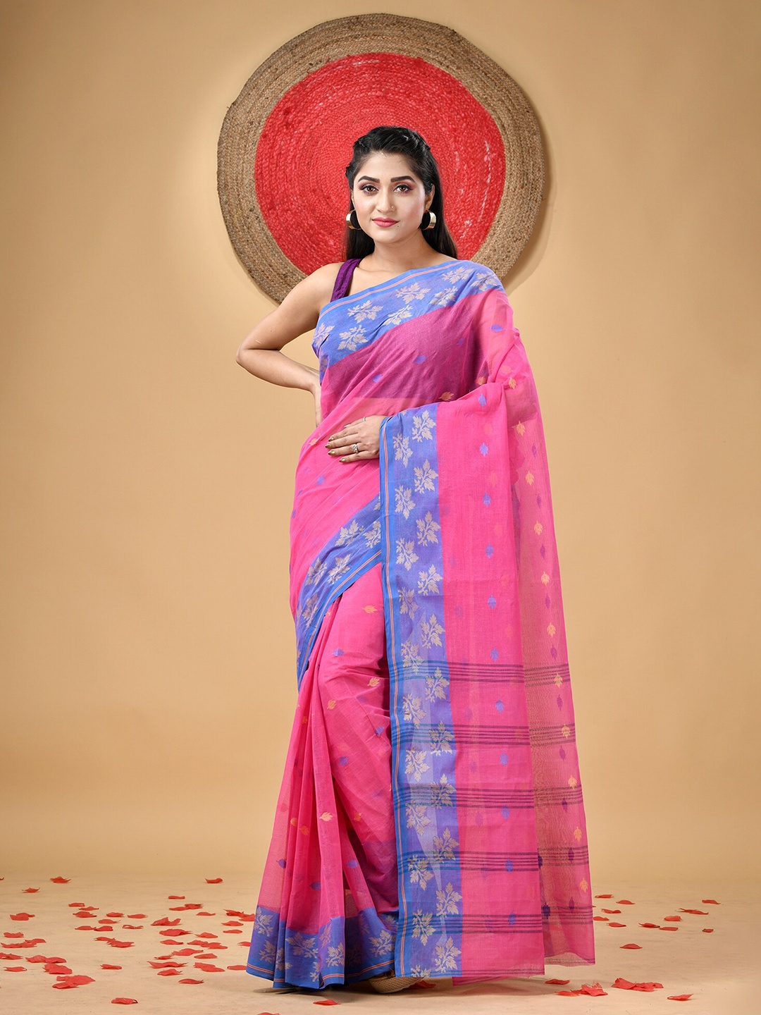 

DESH BIDESH Floral Woven Design Pure Cotton Taant Saree, Pink