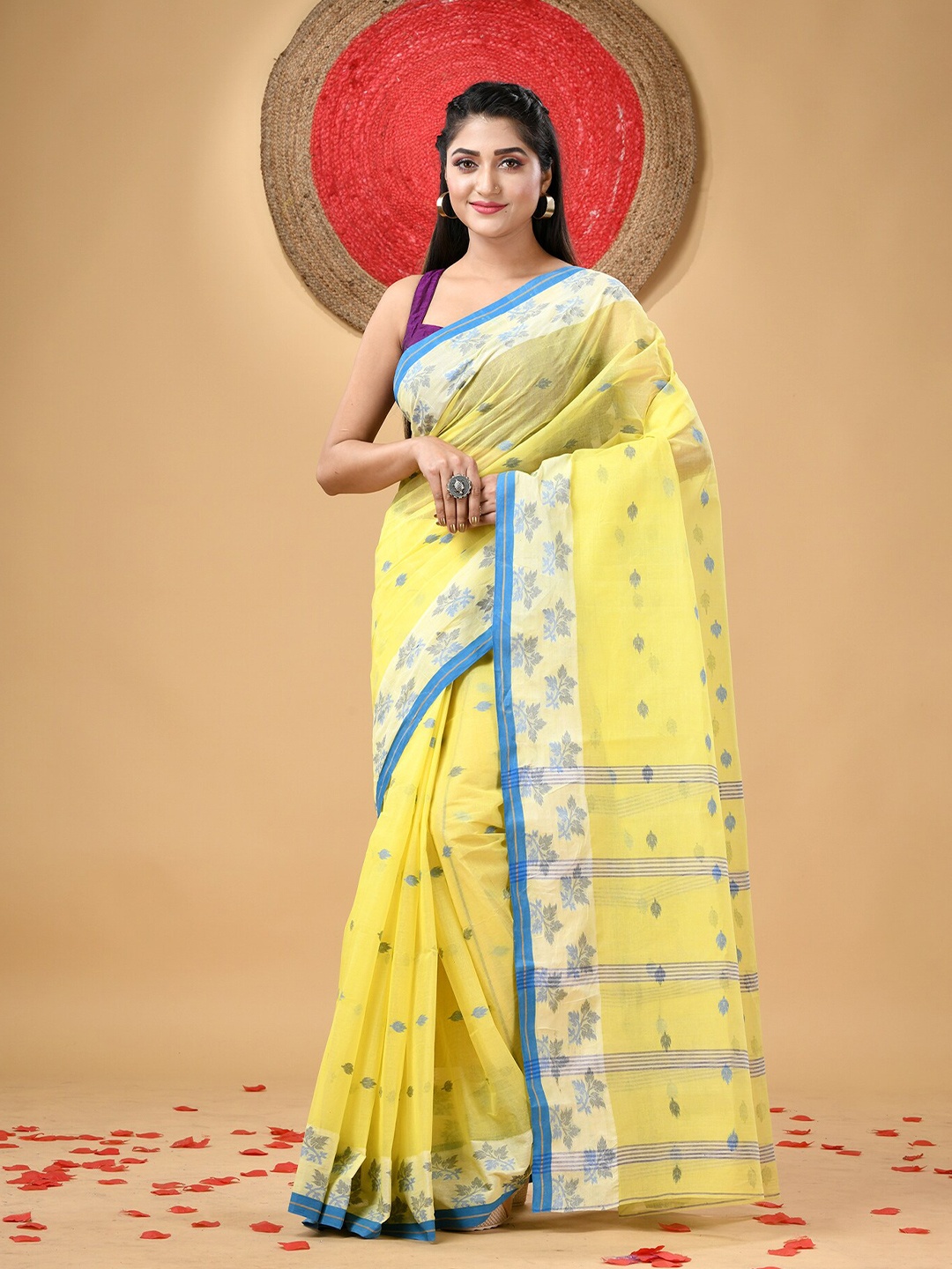 

DESH BIDESH Ethnic Motifs Woven Design Pure Cotton Taant Saree, Yellow