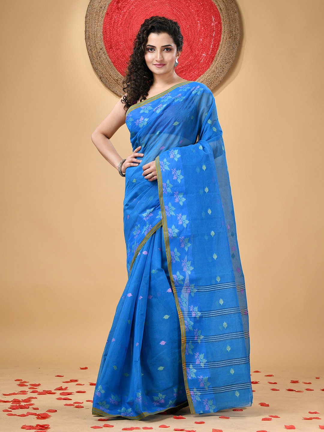 

DESH BIDESH Floral Woven Design Pure Cotton Taant Saree, Blue