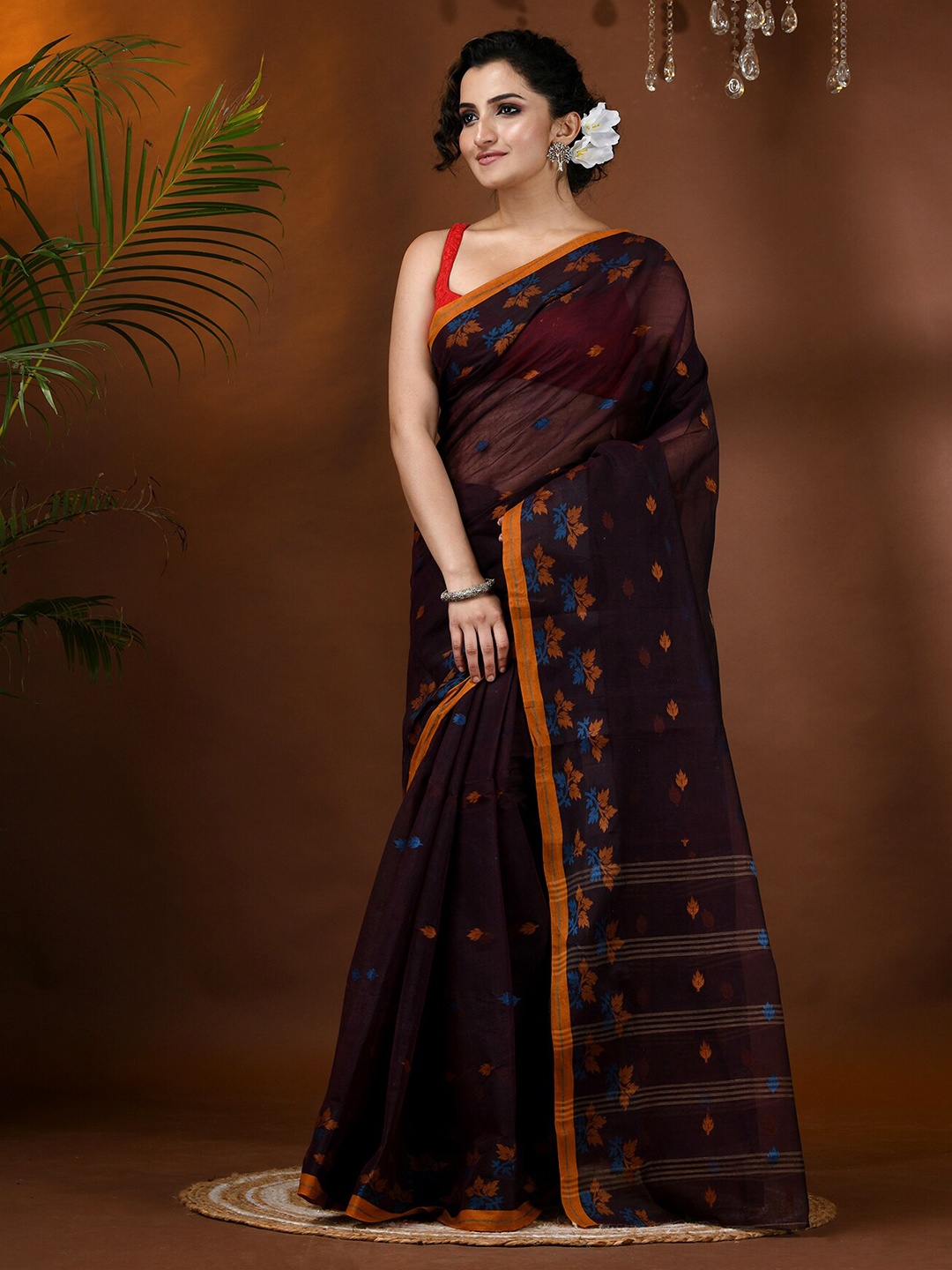 

DESH BIDESH Floral Woven Design Pure Cotton Taant Saree, Brown