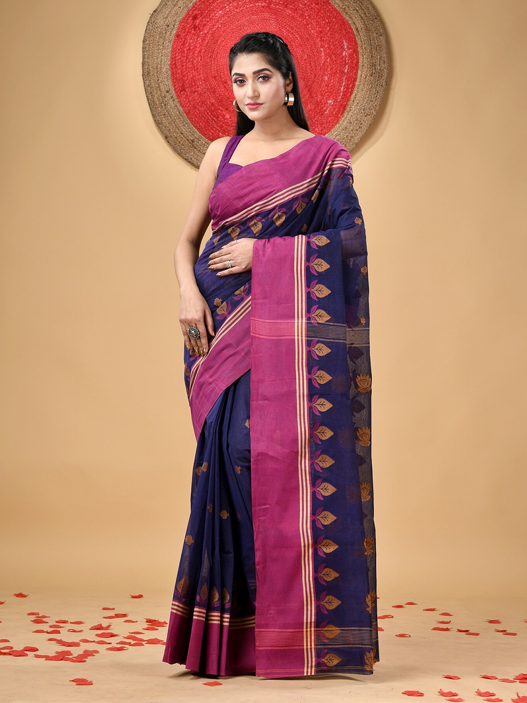 

DESH BIDESH Ethnic Motifs Woven Design Pure Cotton Taant Saree, Blue