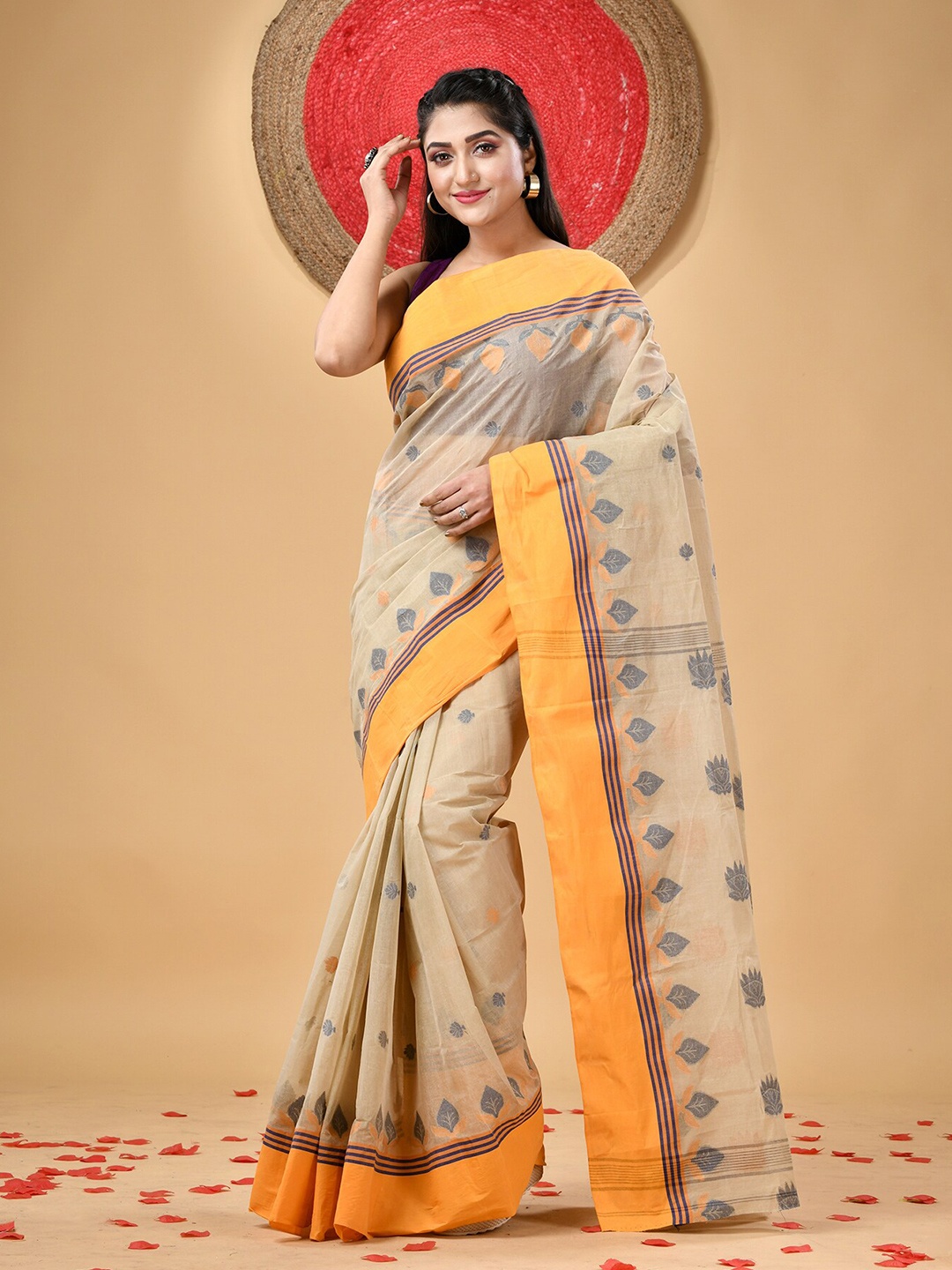 

DESH BIDESH Ethnic Motifs Woven Design Pure Cotton Taant Saree, Peach