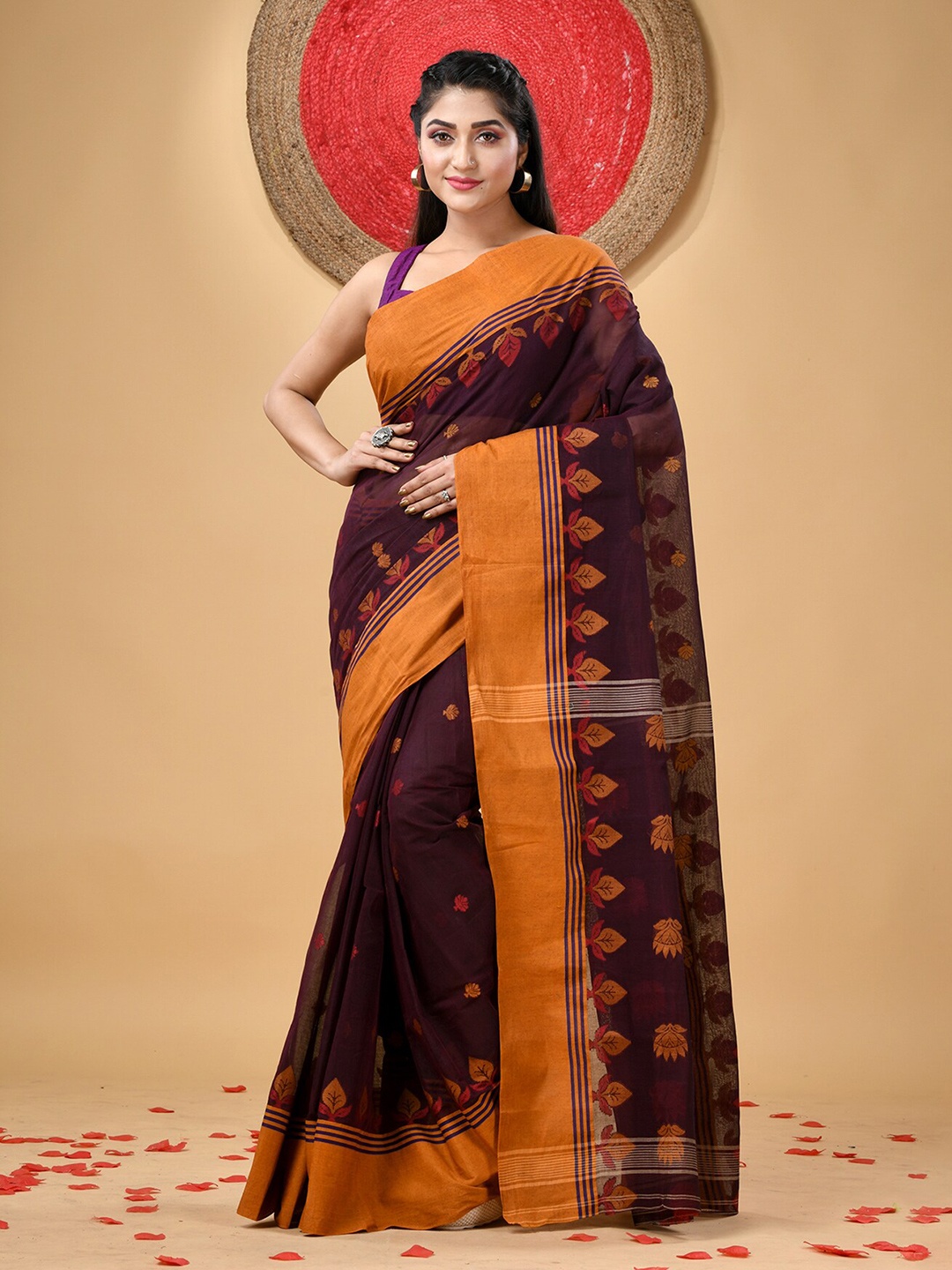 

DESH BIDESH Ethnic Motifs Woven Design Pure Cotton Taant Saree, Brown