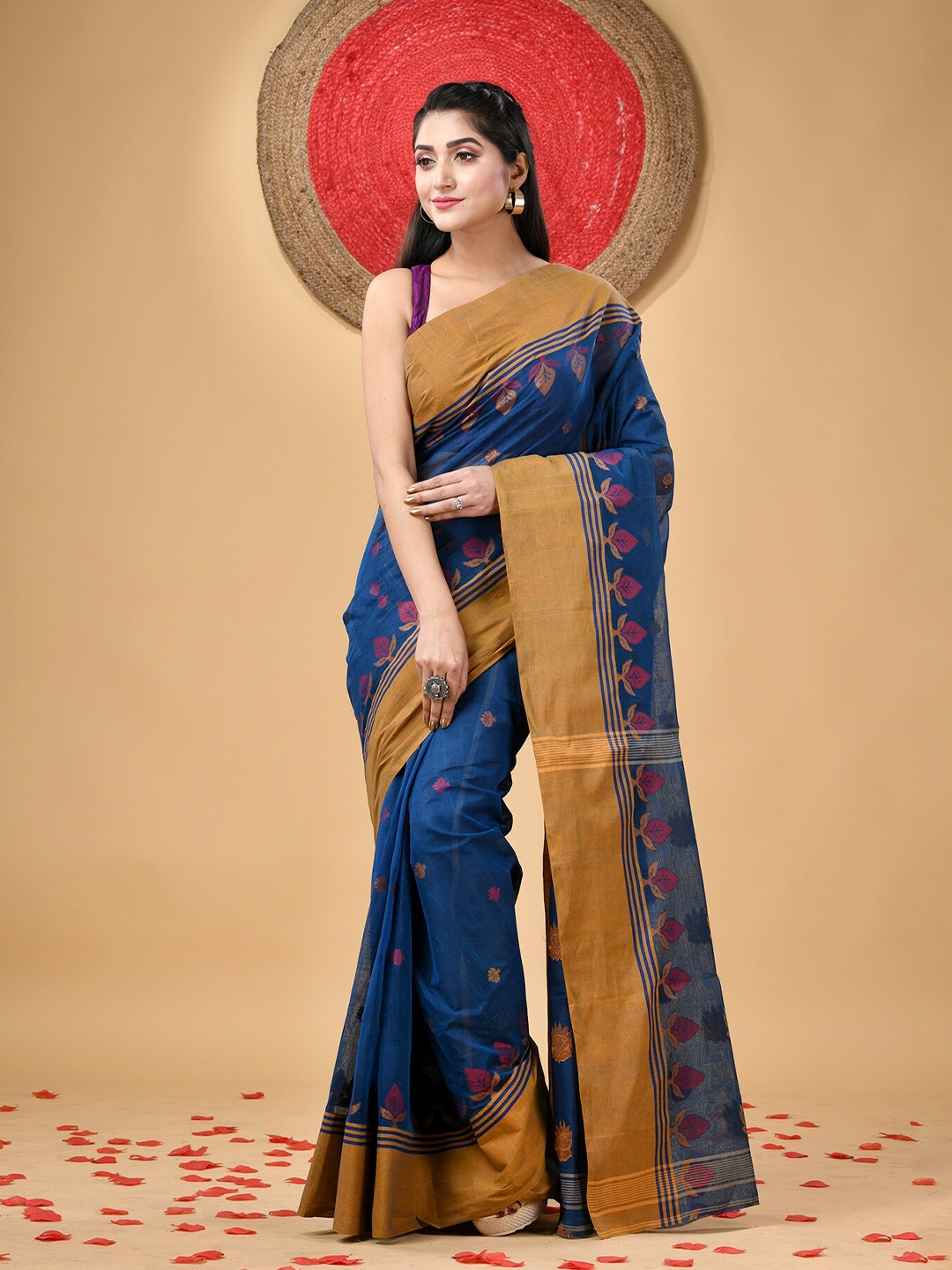 

DESH BIDESH Ethnic Motifs Woven Design Pure Cotton Taant Saree, Blue