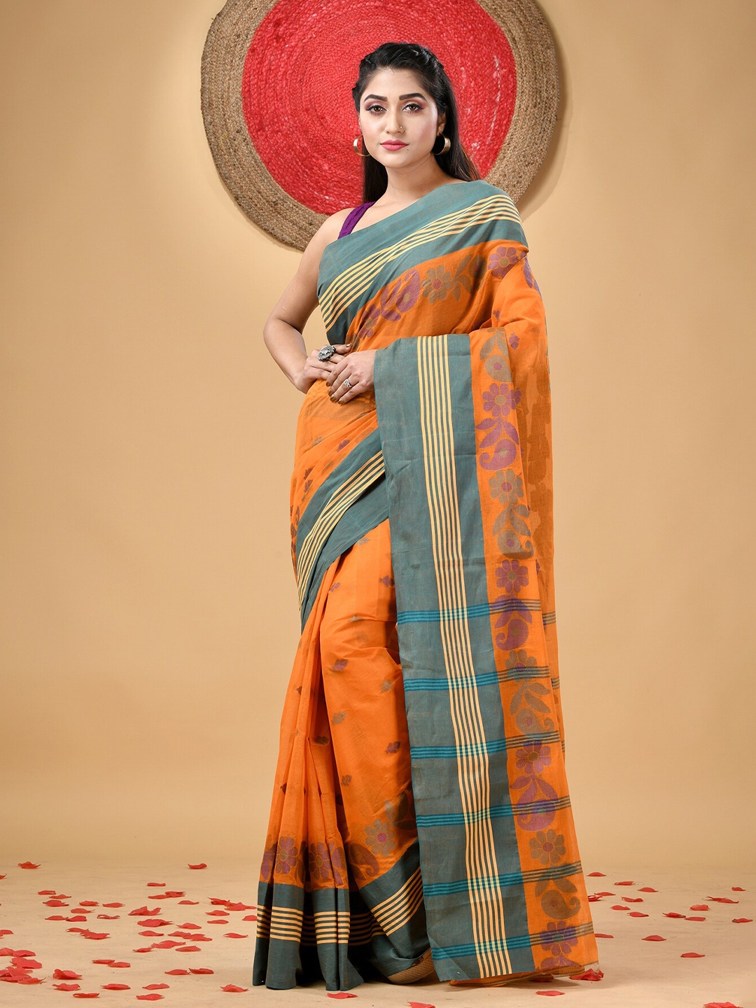 

DESH BIDESH Ethnic Motifs Woven Design Pure Cotton Taant Saree, Orange