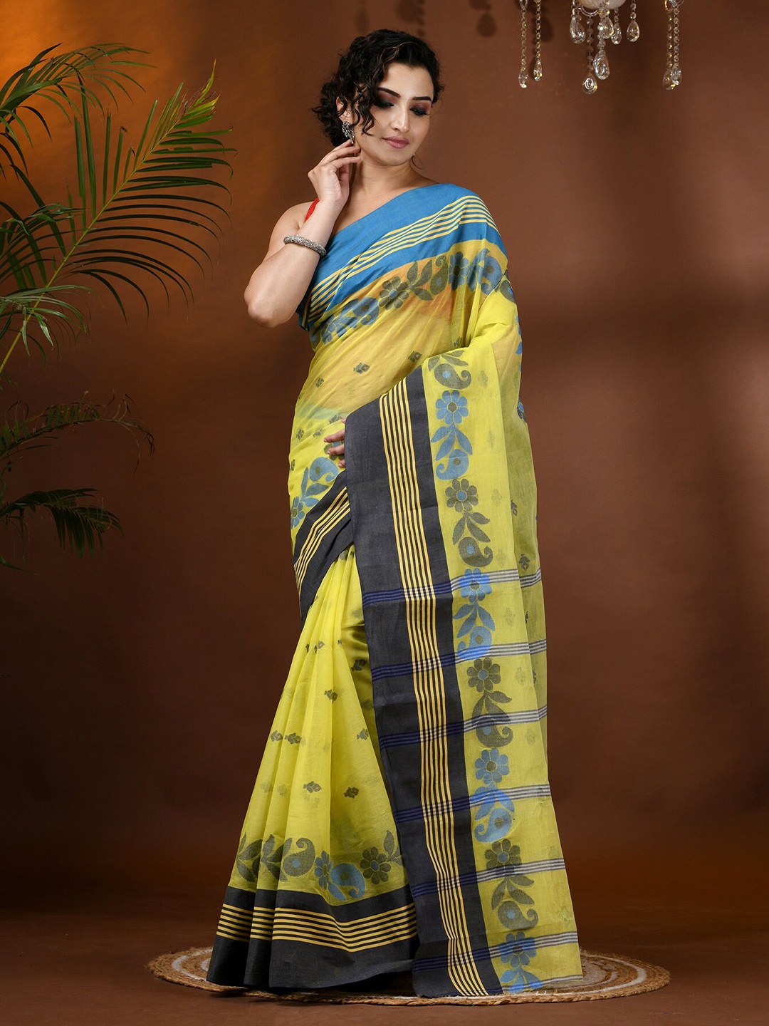 

DESH BIDESH Ethnic Motifs Woven Design Pure Cotton Taant Saree, Yellow