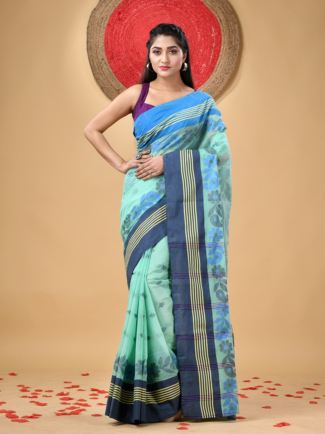 

DESH BIDESH Ethnic Motifs Woven Design Pure Cotton Taant Saree, Turquoise blue