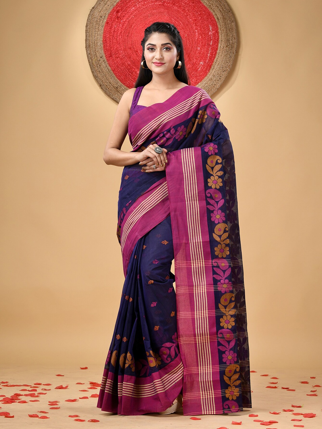 

DESH BIDESH Floral Woven Design Pure Cotton Taant Saree, Blue