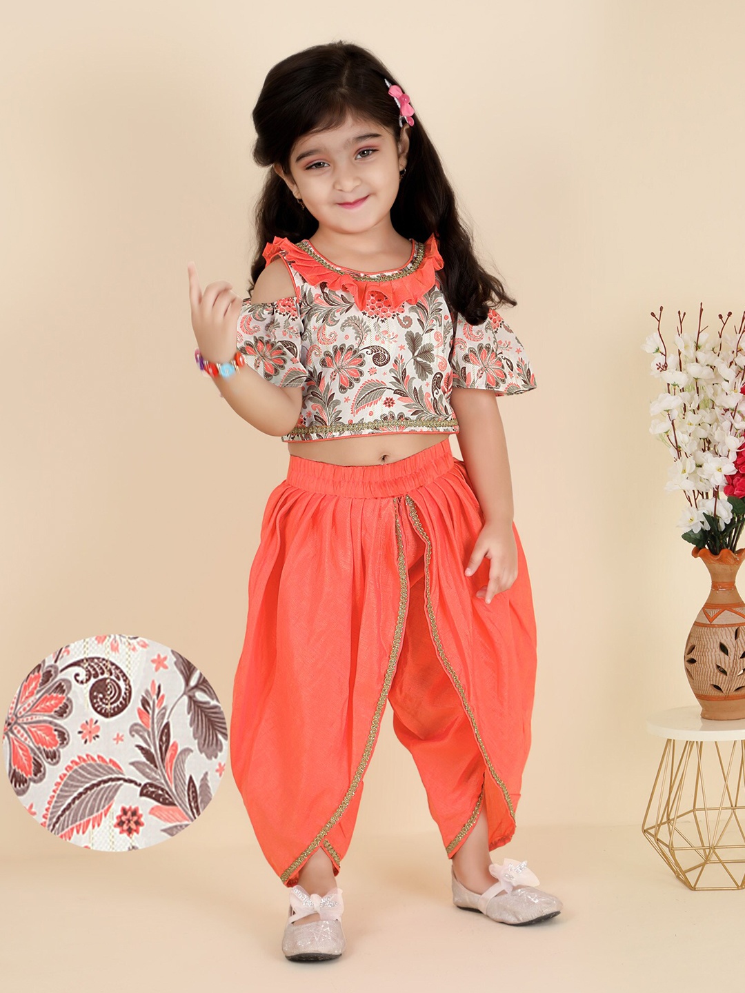 

KIDS FARM Girls Ethnic Motif Printed Top with Dhoti Pants, Orange