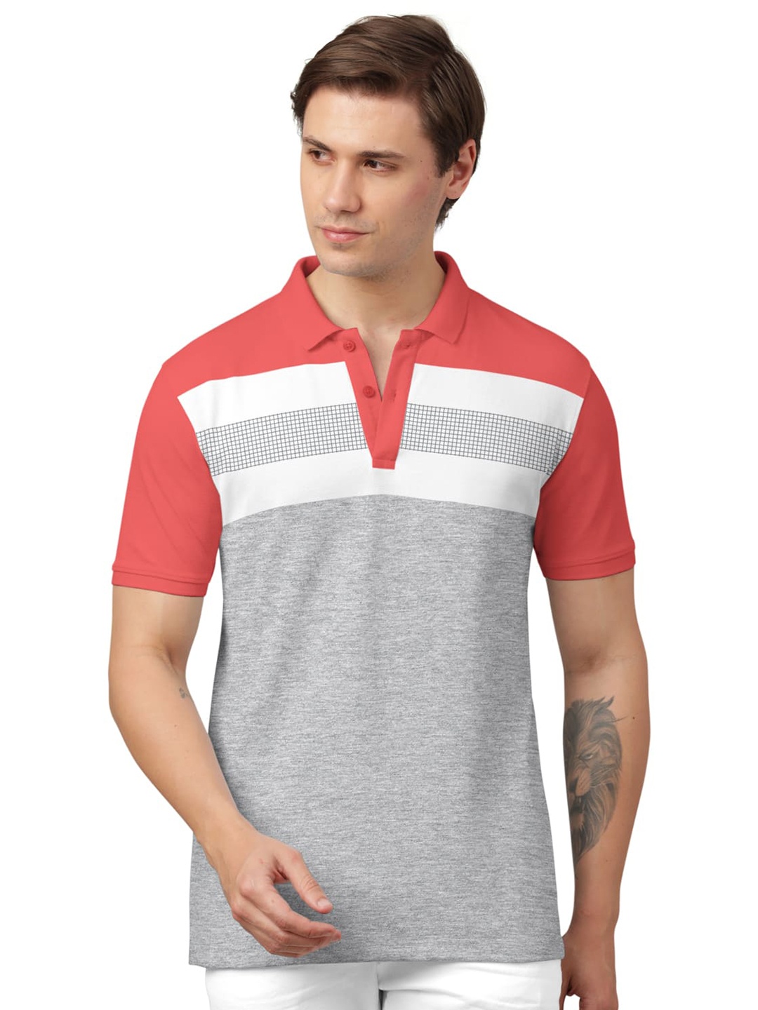 

BULLMER Colourblocked Polo Collar Short Sleeves Cotton T-shirt, Red