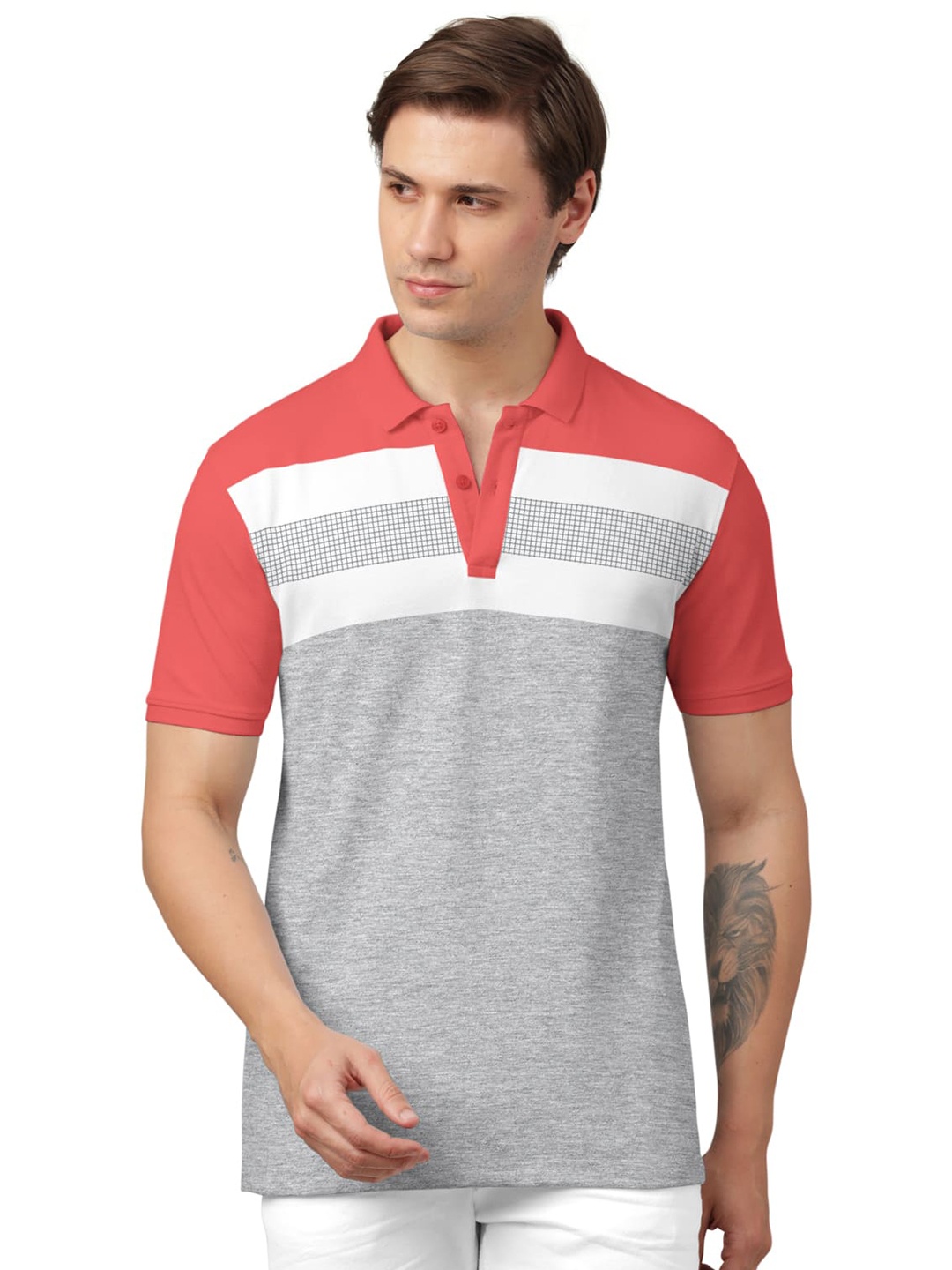 

BULLMER Striped Polo Collar Cotton T-shirt, Red