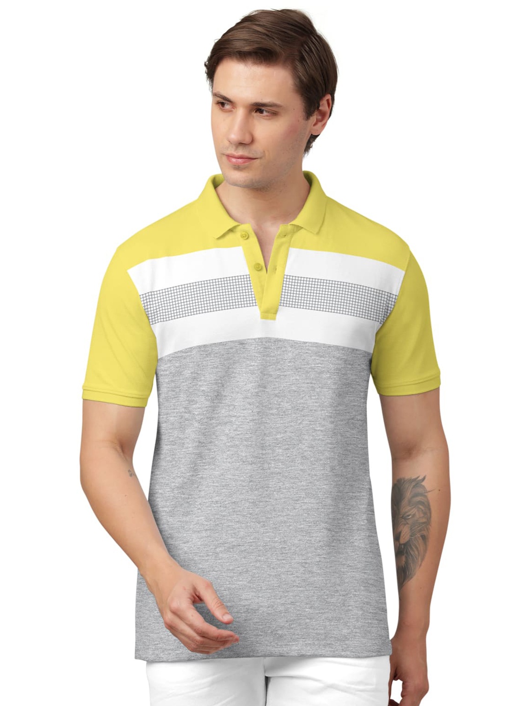 

BULLMER Colourblocked Polo Collar Short Sleeves Cotton T-shirt, Yellow