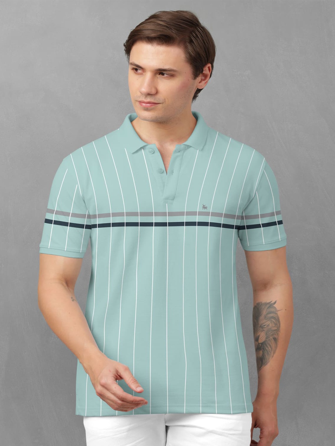 

BULLMER Striped Polo Collar Cotton T-shirt, Sea green