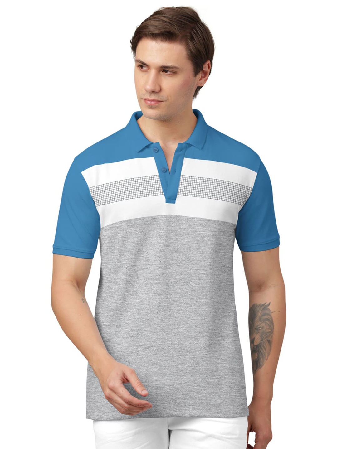 

BULLMER Colourblocked Polo Collar Cotton T-shirt, Turquoise blue