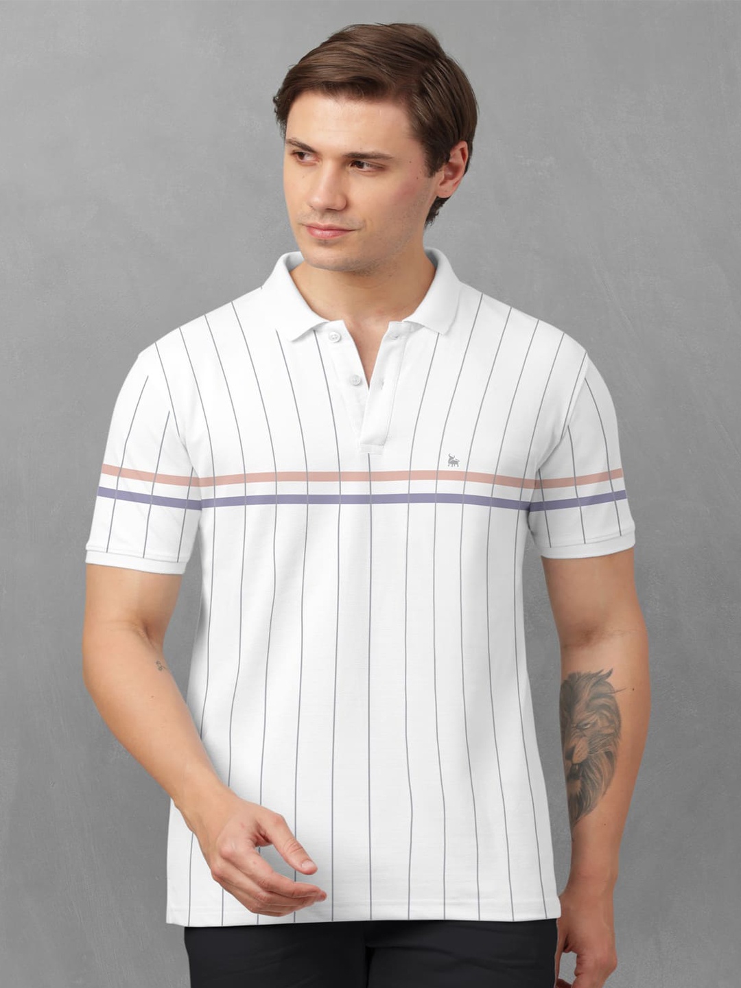 

BULLMER Striped Polo Collar Cotton T-shirt, White