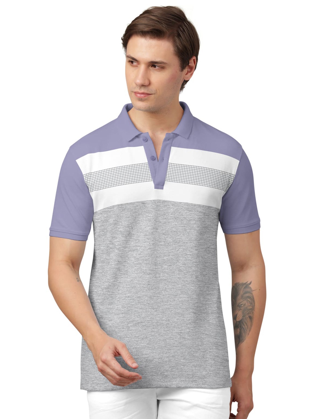 

BULLMER Colourblocked Cotton Short Sleeves Polo Collar Pockets T-shirt, Lavender