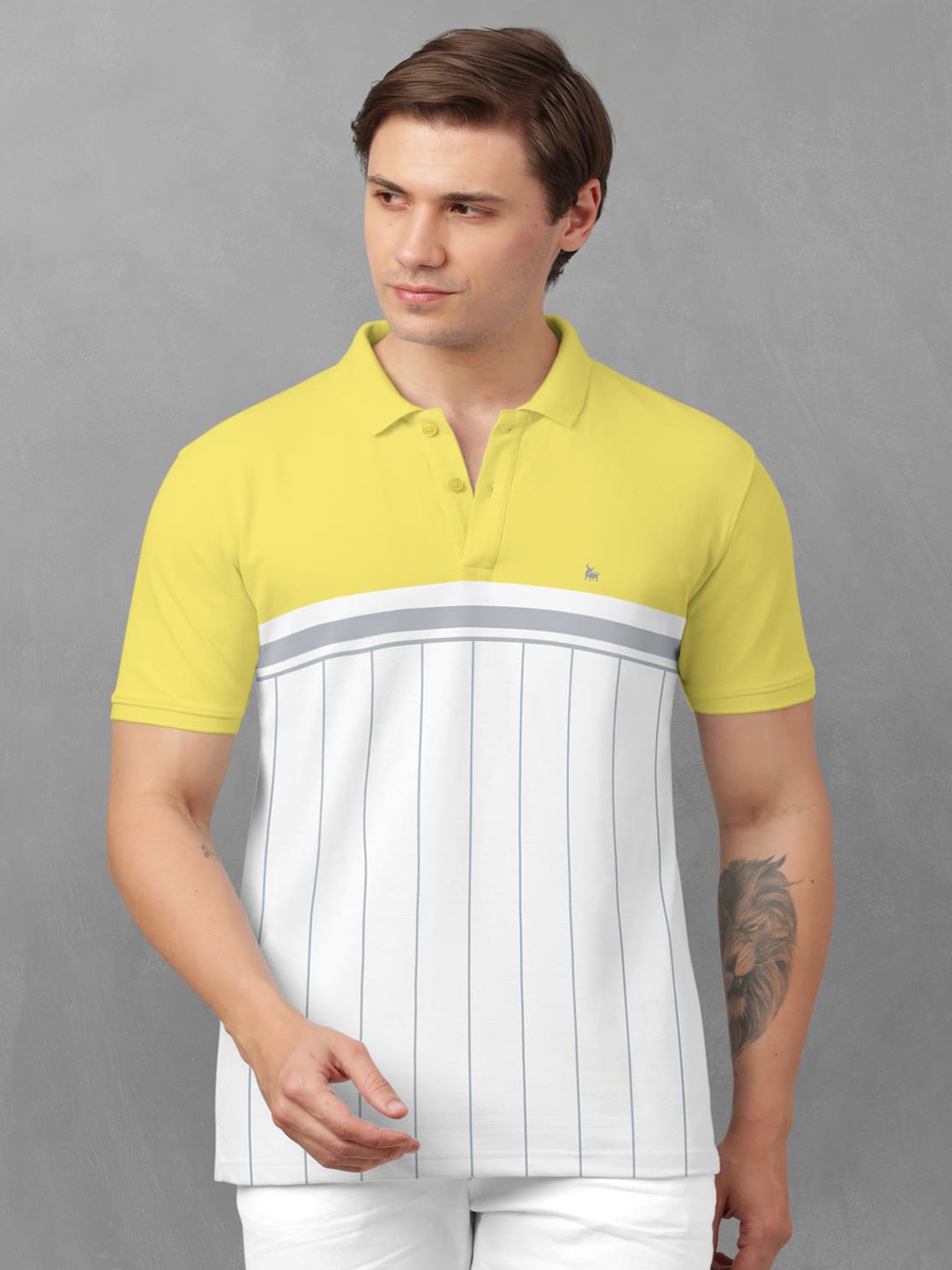 

BULLMER Striped Cotton Short Sleeves Polo Collar Pockets T-shirt, Yellow