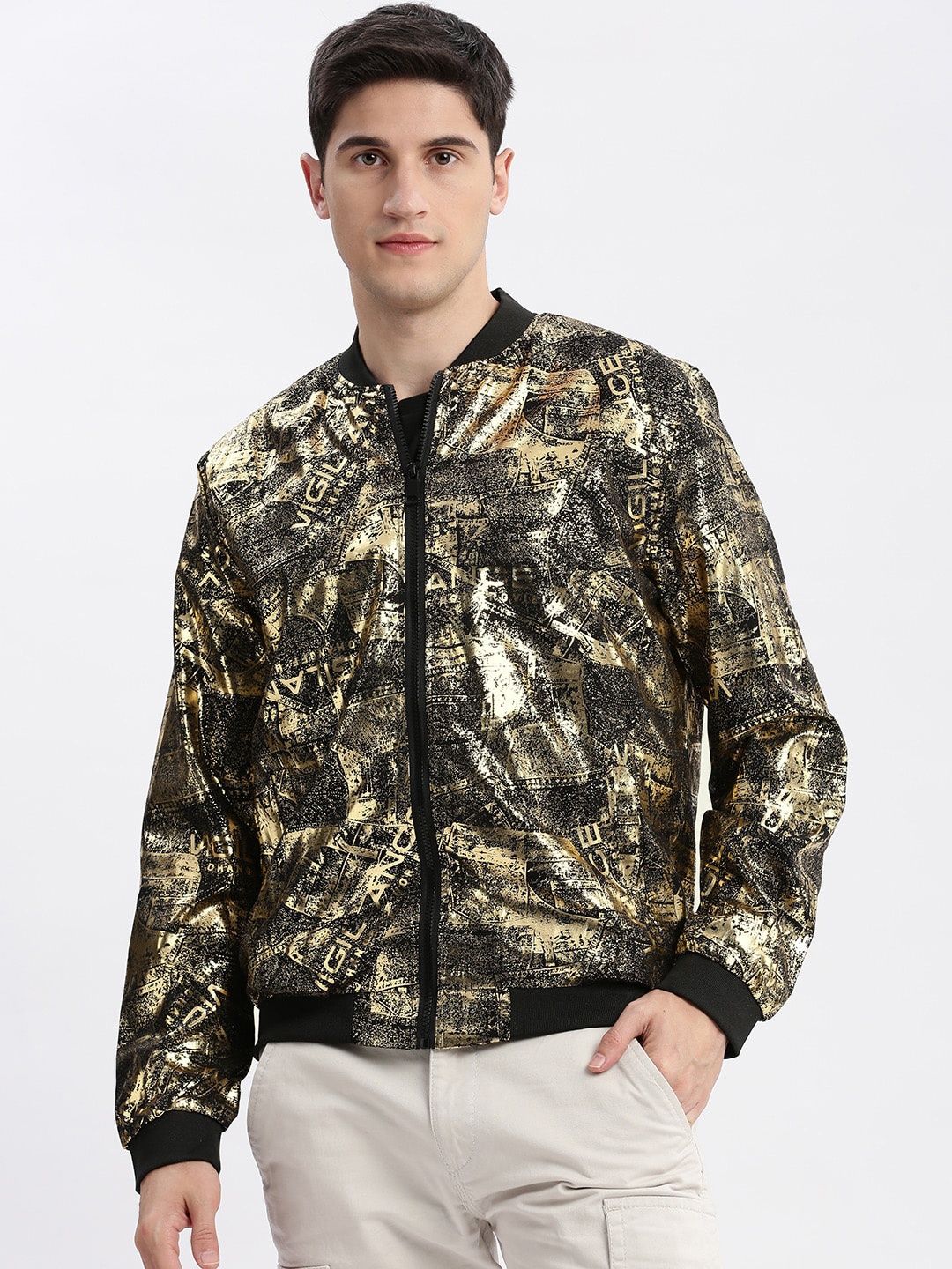 

SHOWOFF Abstract Bomber Stand Collar Slim Fit Windcheater Bomber Jacket, Black