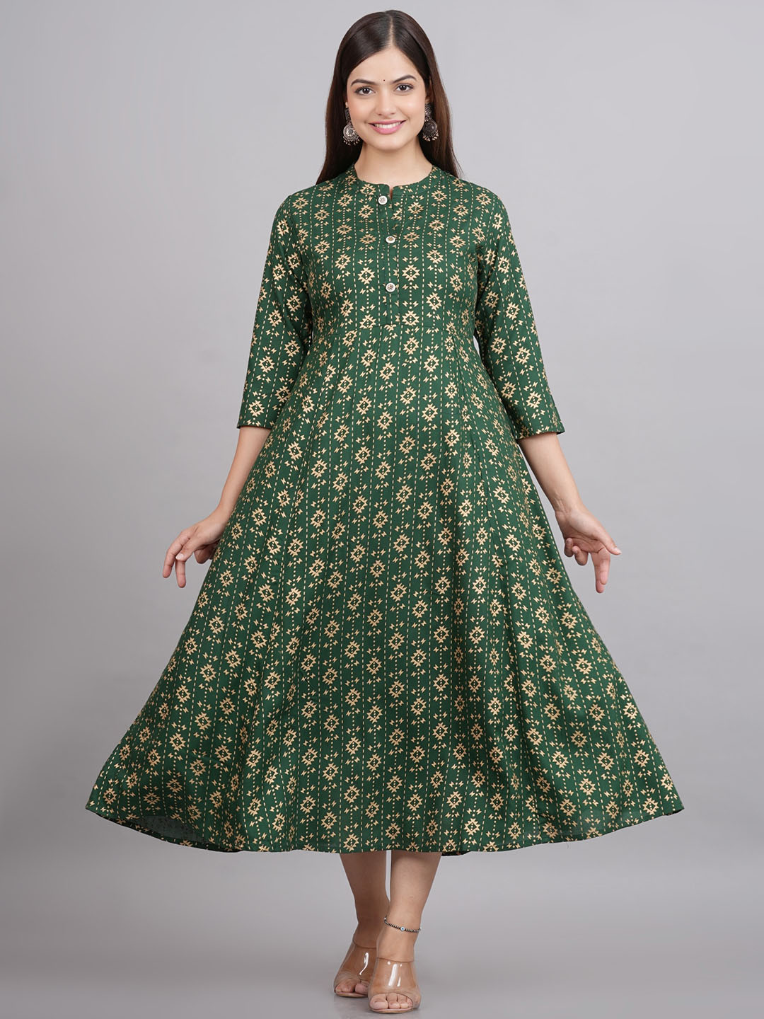 

NEW4U Mandarin Collar Printed A Line Dress, Green