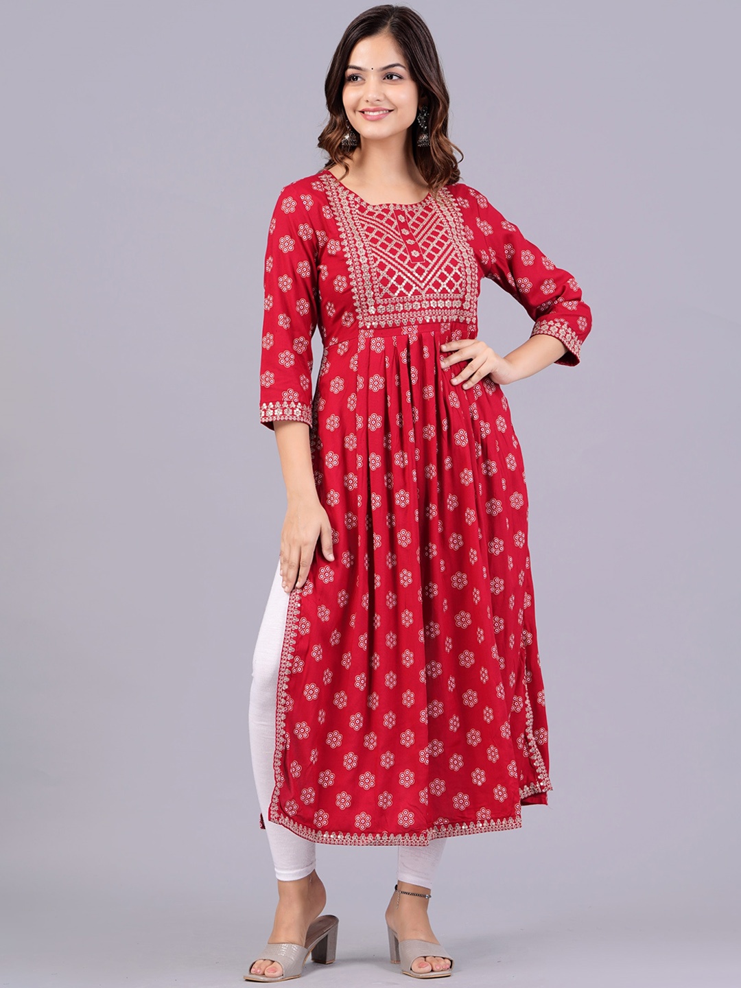 

NEW4U Floral Printed Round Neck Sequinned Aliya Cut Kurta, Red