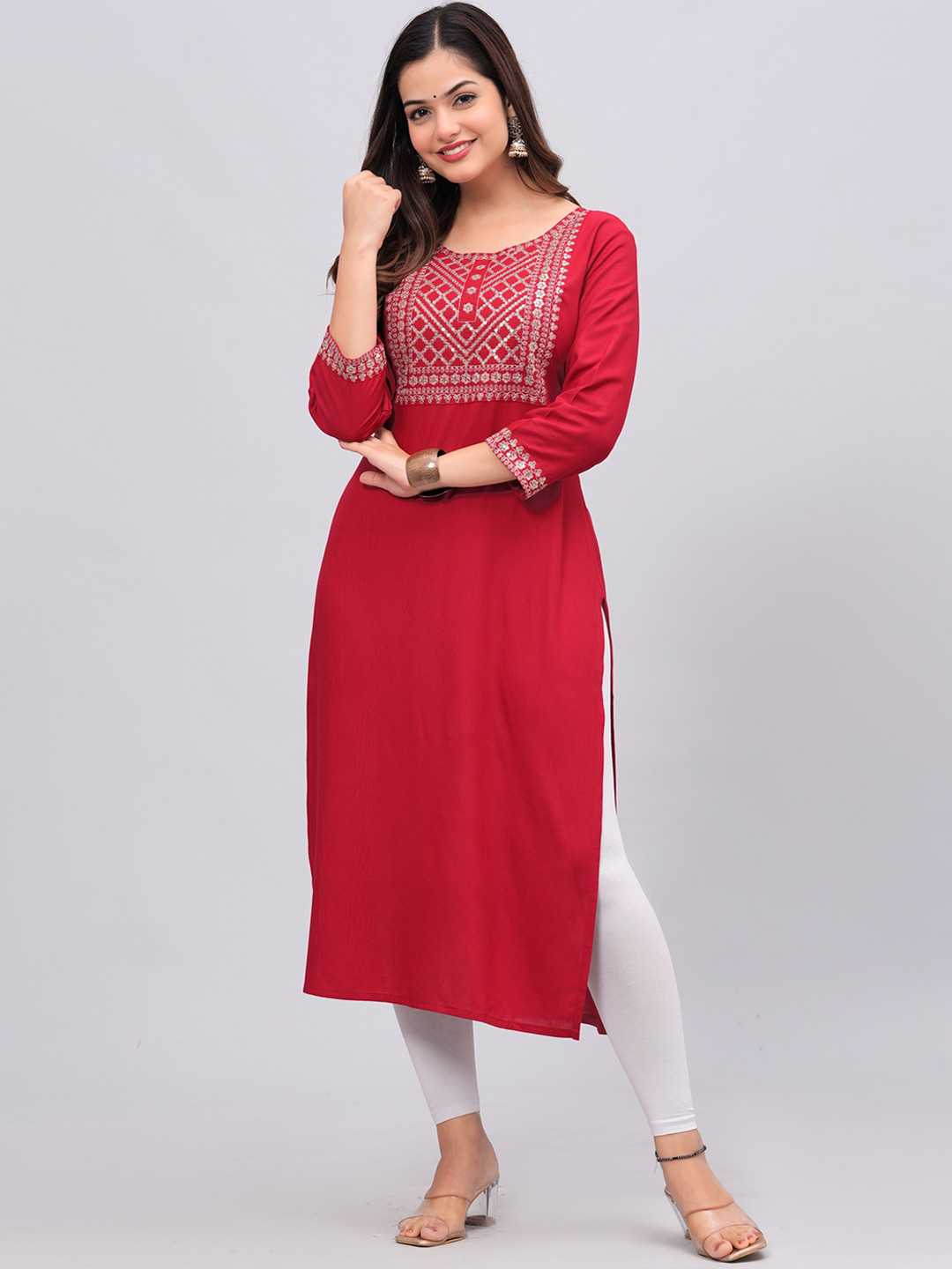 

NEW4U Sequins Embroidered Solid Straight Kurta, Red
