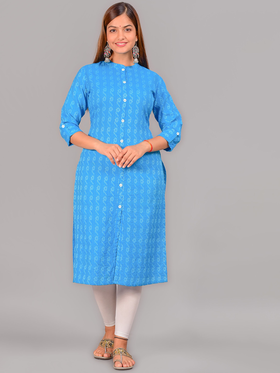 

NEW4U Geometric Printed Mandarin Collar Roll-Up Sleeves Cotton Kurta, Turquoise blue