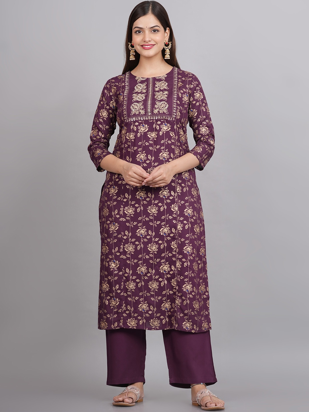 NEW4U Floral Sequinned Embroidered Round Neck Straight Kurta, Purple
