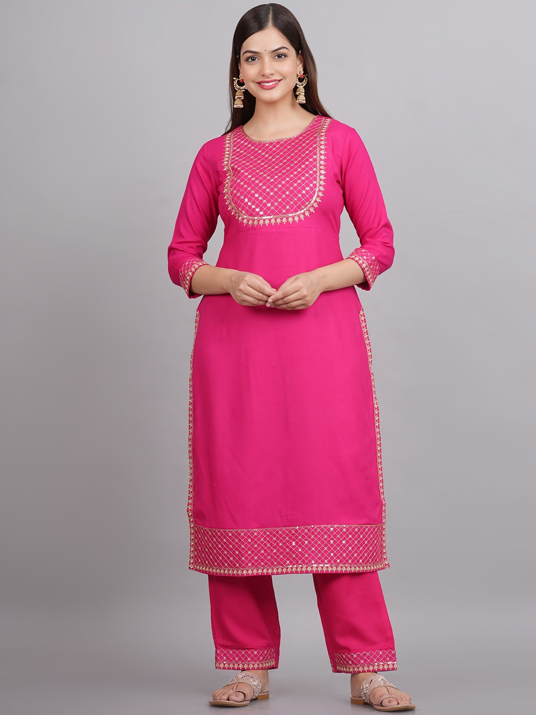 

NEW4U Sequinned Embroidered Round Neck Straight Kurta, Pink