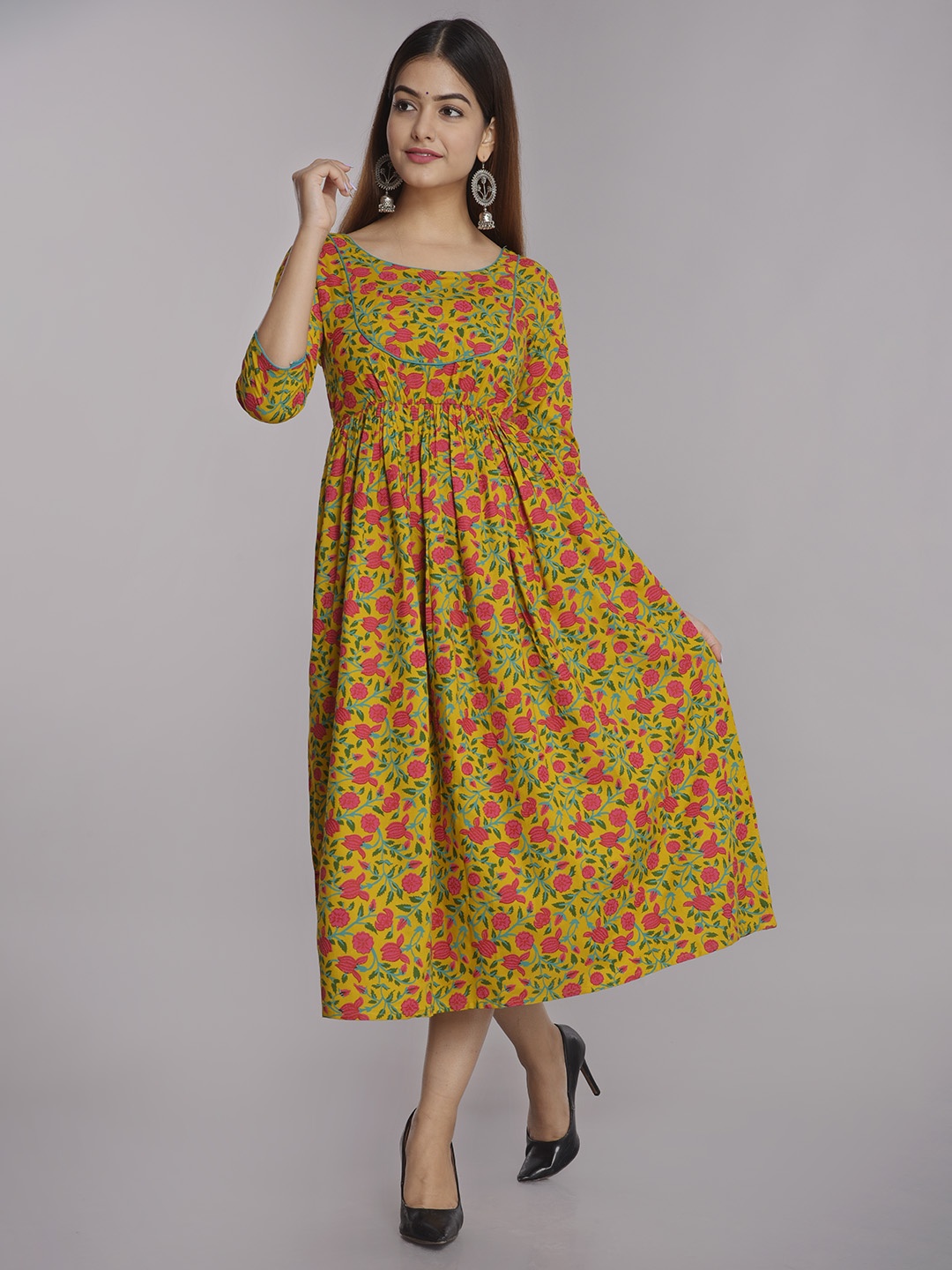 

NEW4U Floral Printed Round Neck Gathered Fit & Flare Midi Ethnic Dress, Yellow