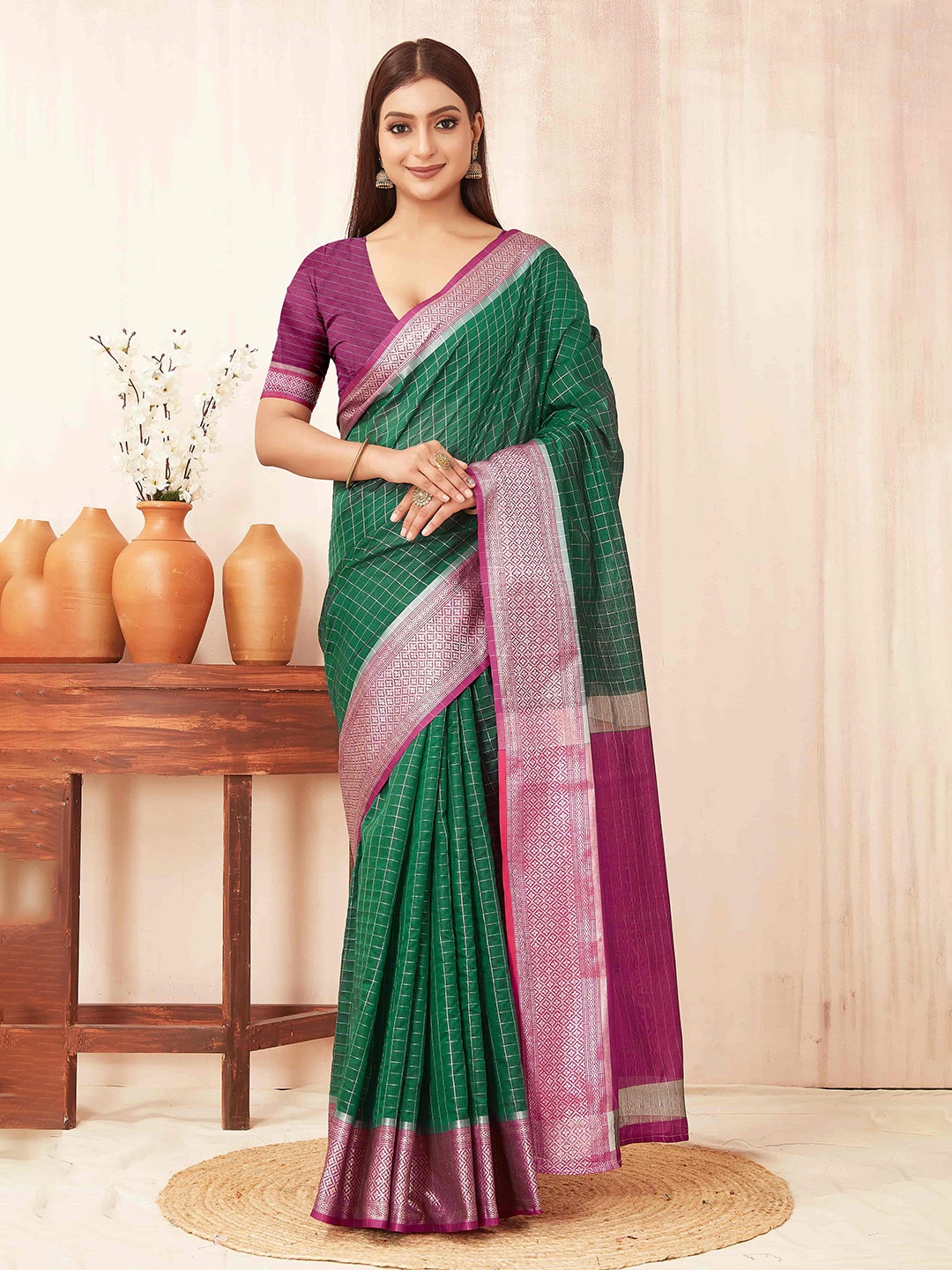 

Silk Land Checked Zari Banarasi Silk Gadwal Saree, Green