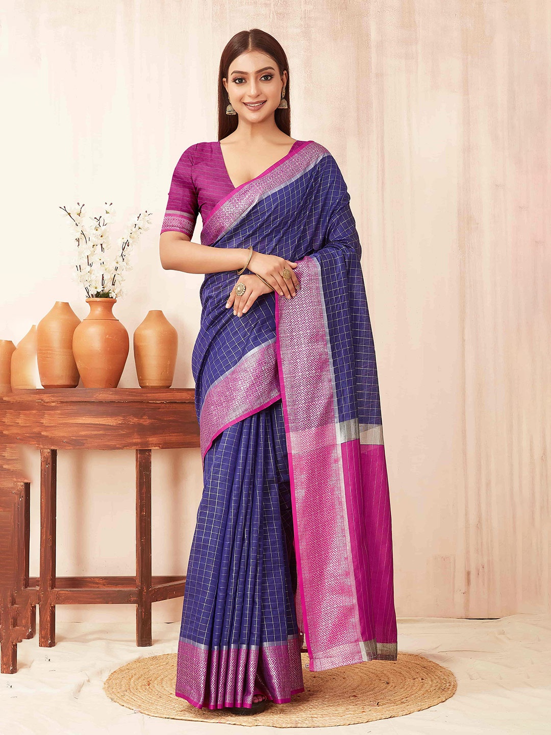 

Silk Land Checked Zari Banarasi Silk Gadwal Saree, Blue