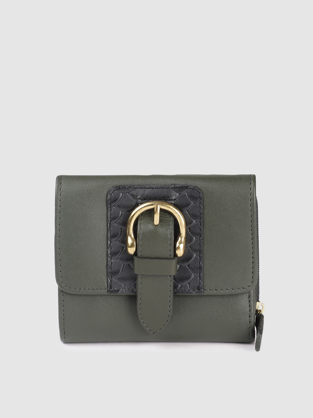 

Hidesign Women Buckle Detail Leather Three Fold Wallet, Green