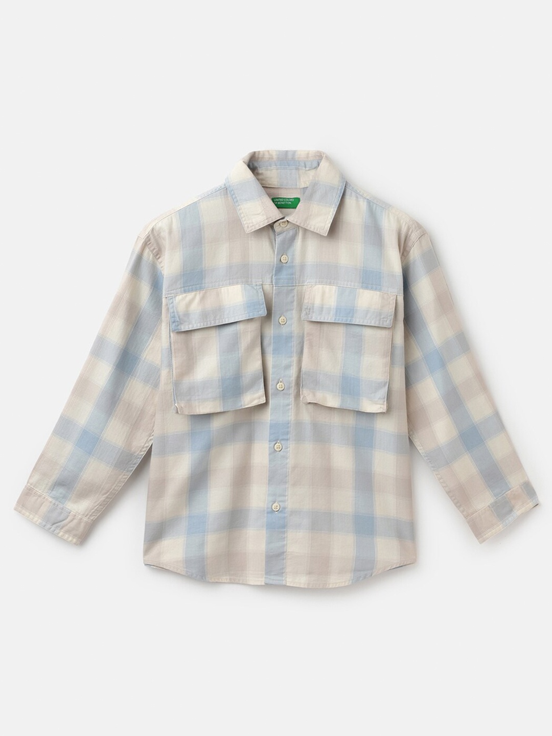 United Colors of Benetton Boys Checked Spread Collar Cotton Regular Fit Casual Shirt, White