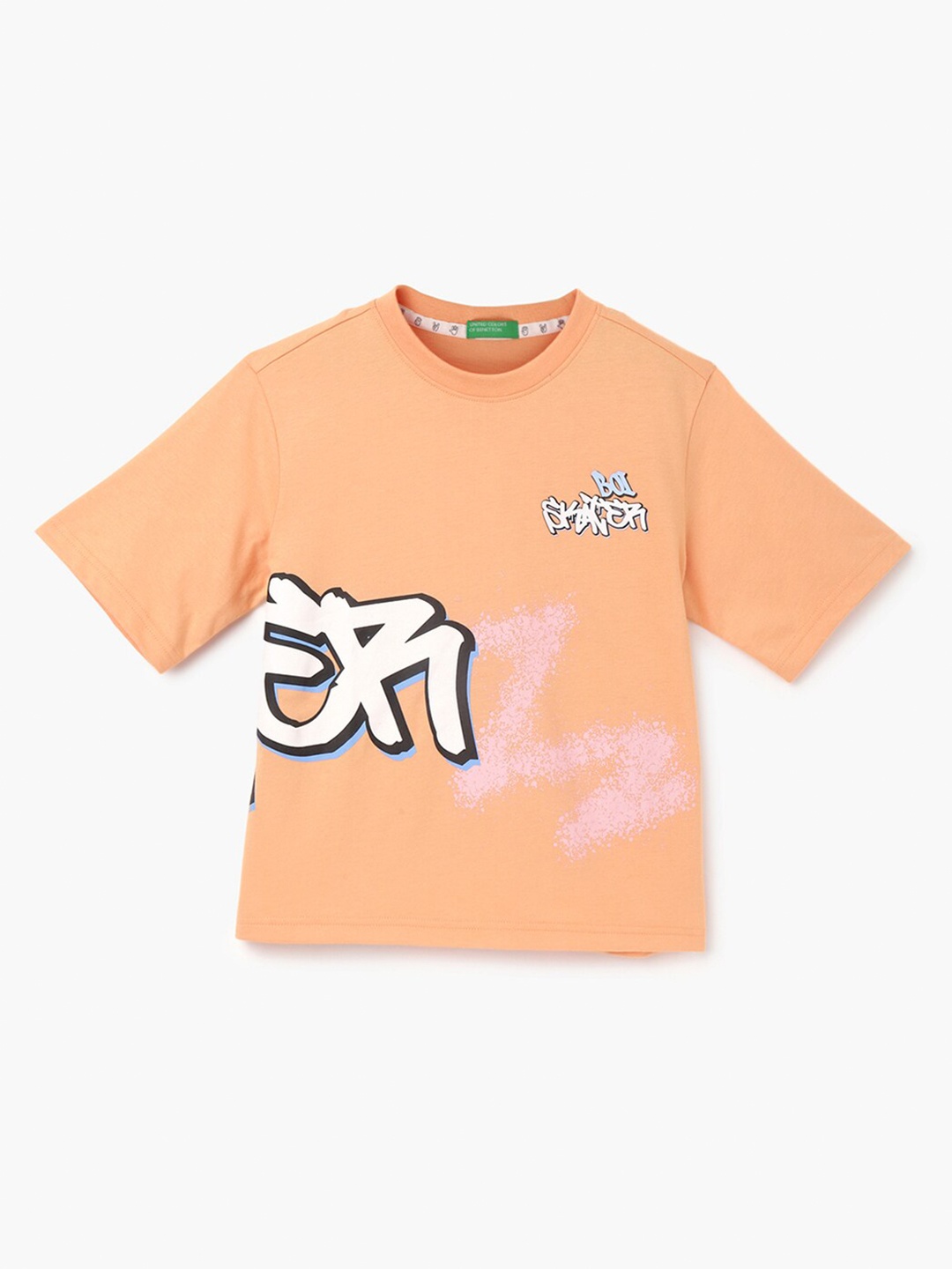 

United Colors of Benetton Boys Graphic Printed Pure Cotton Boxy T-shirt, Orange