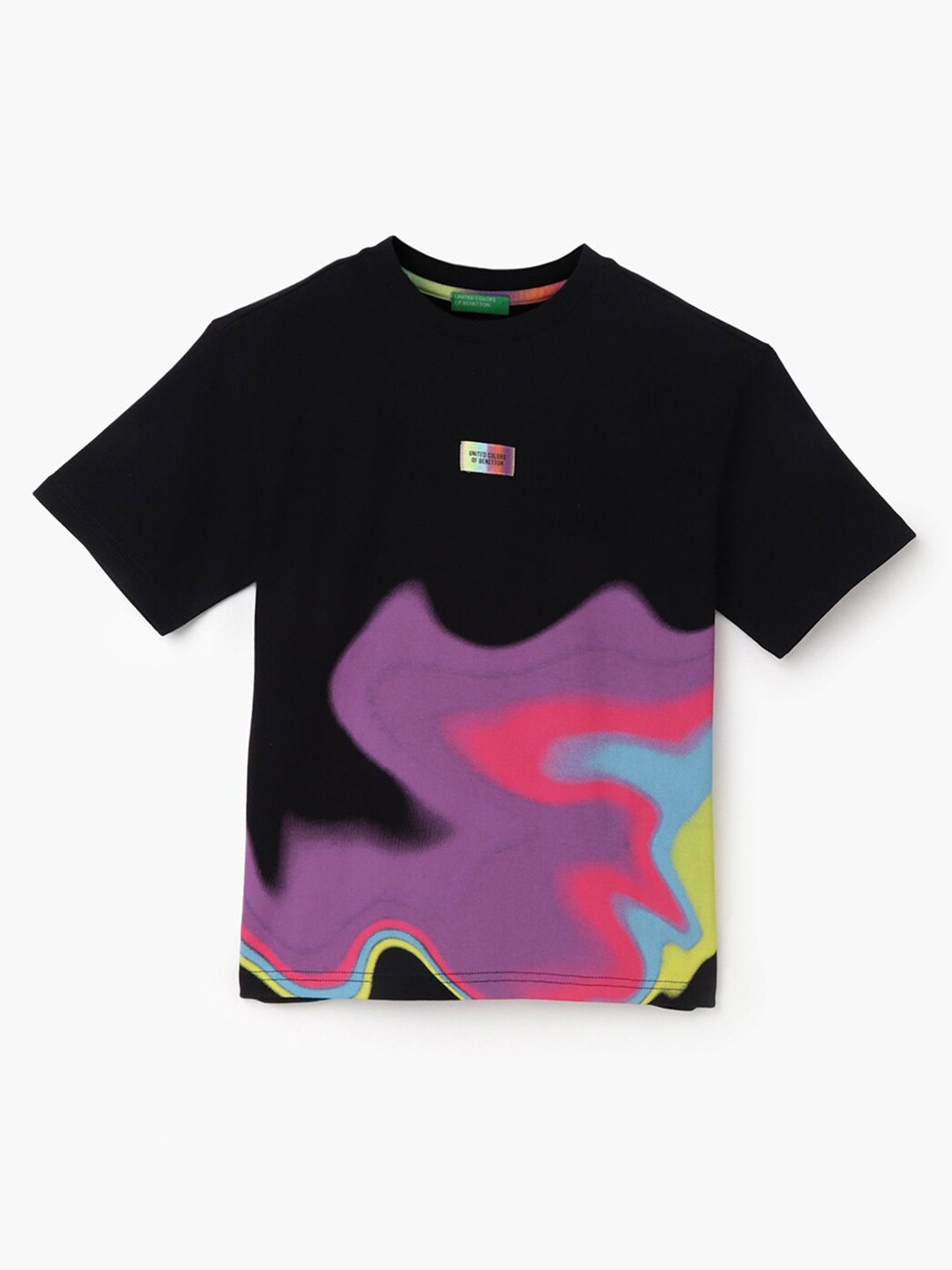 United Colors of Benetton Boys Round Neck Printed Pure Cotton T-shirt, Black