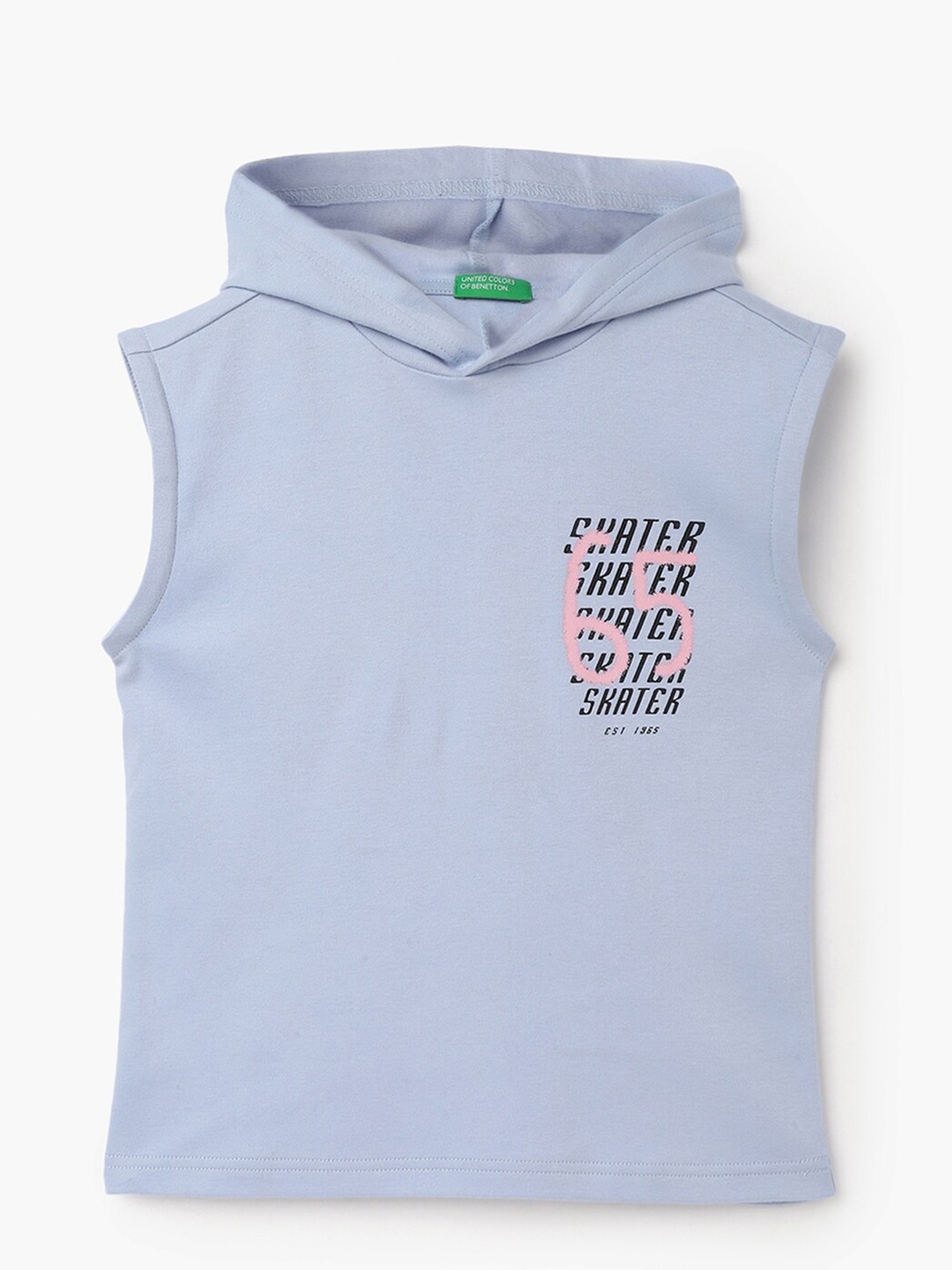 

United Colors of Benetton Boys Hooded Sleeveless Printed Pure Cotton T-shirt, Blue