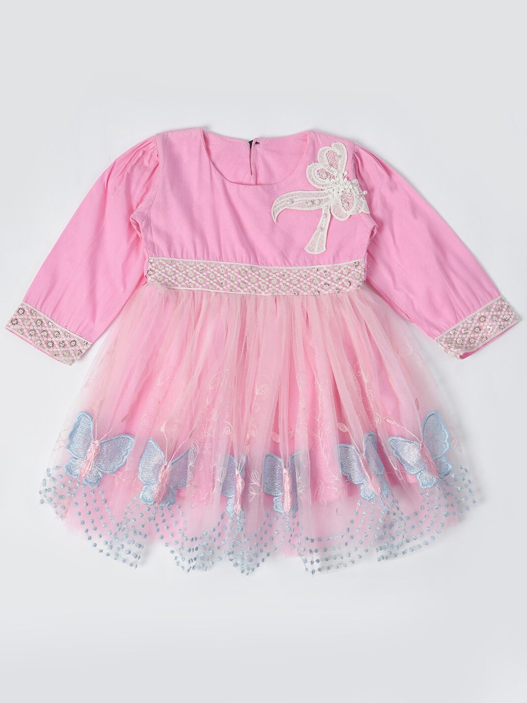

Bella Moda Girls Self Design Round Neck Puff Sleeve Applique Fit & Flare Dress, Pink