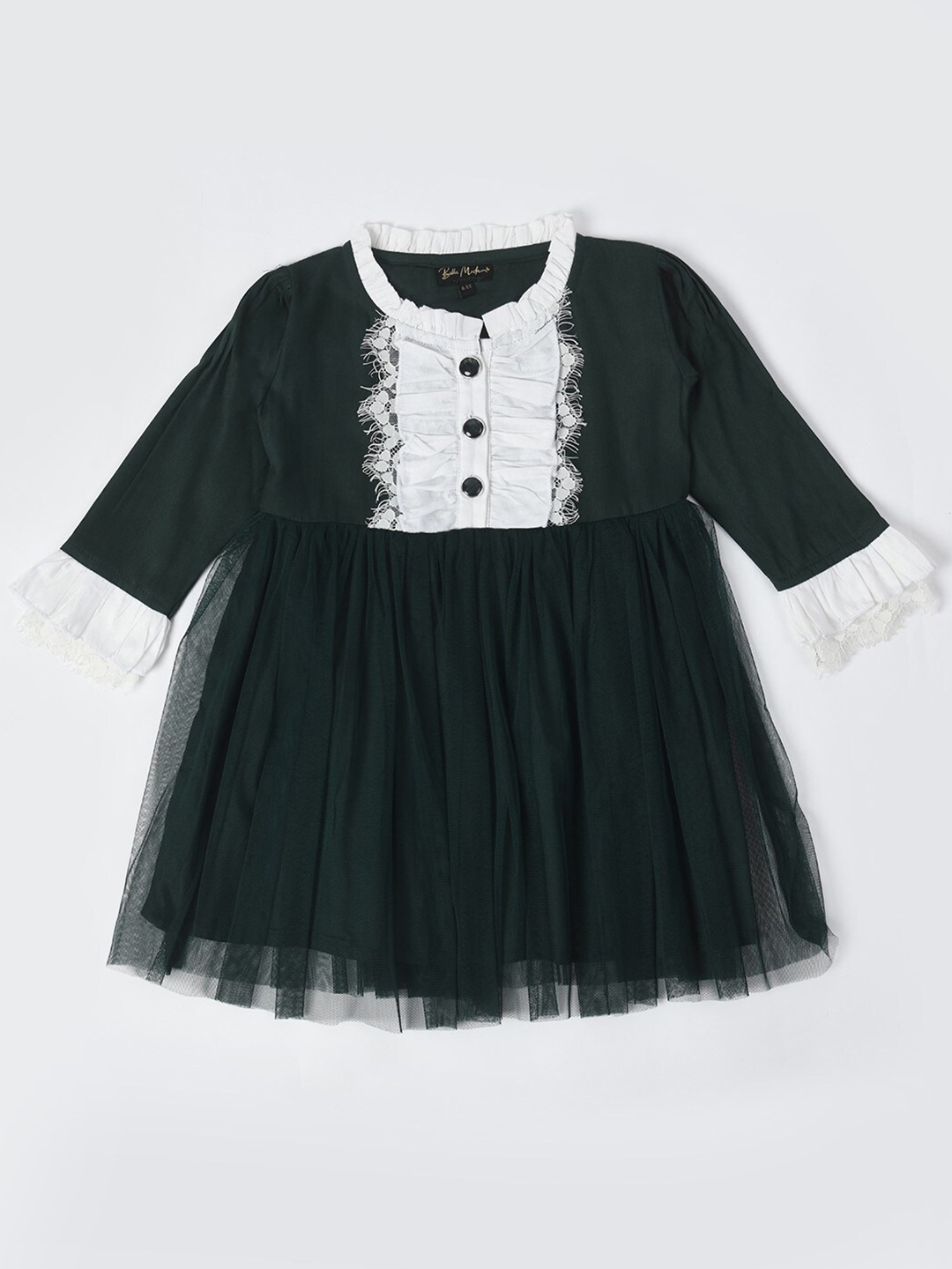 

Bella Moda Girls Round Neck Self Design Knee Length Fit & Flare Dress, Green