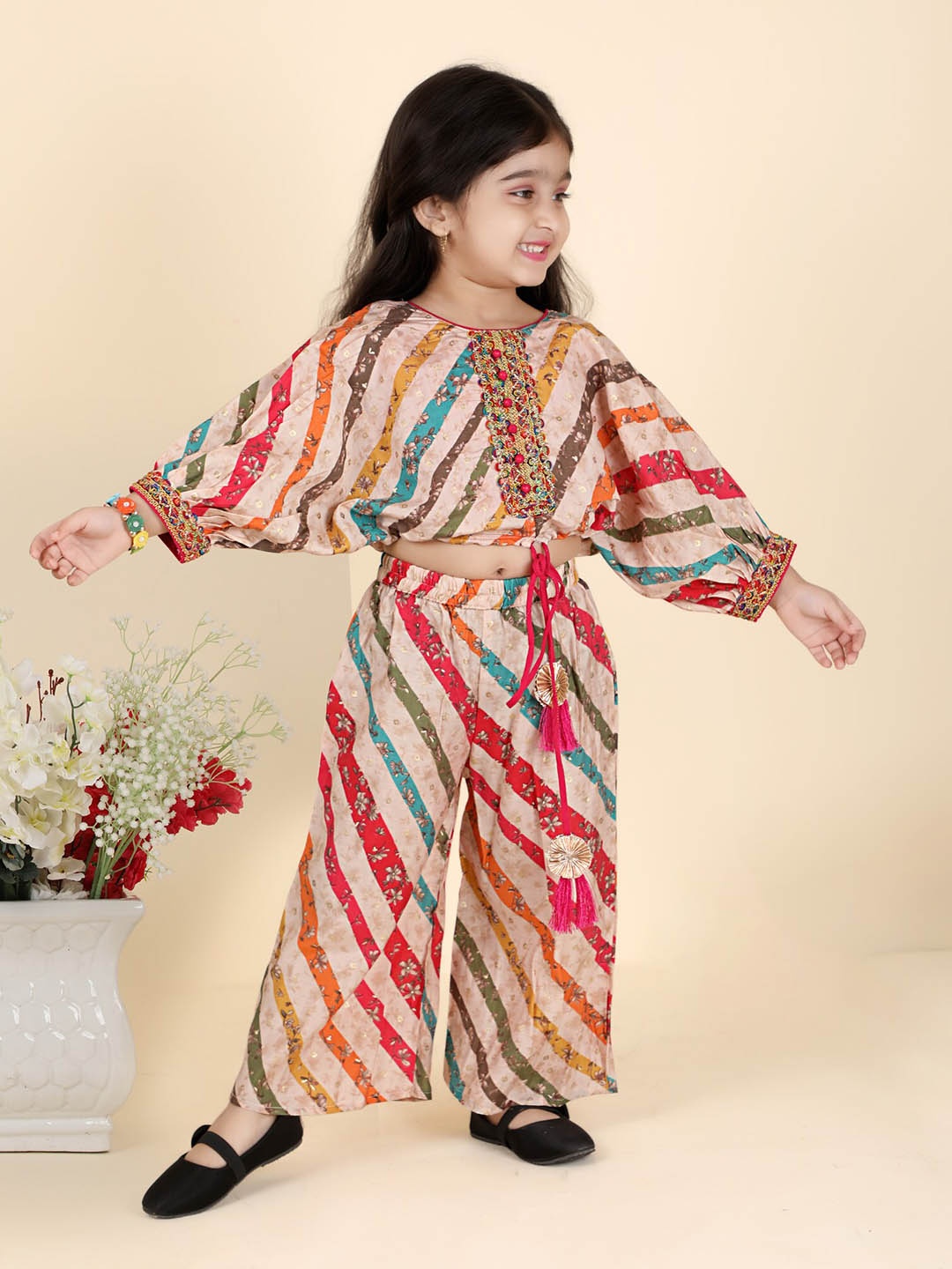 

KIDS FARM Girls Striped Top with Palazzos, Off white
