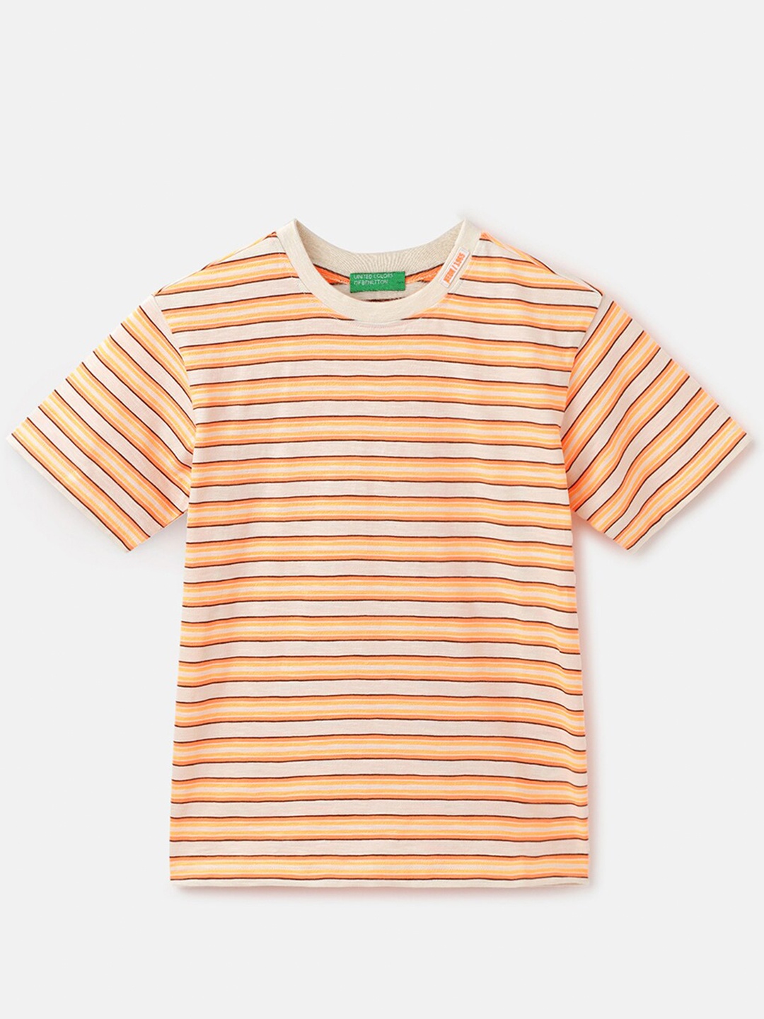 

United Colors of Benetton Boys Striped Round Neck Cotton T-shirt, Orange