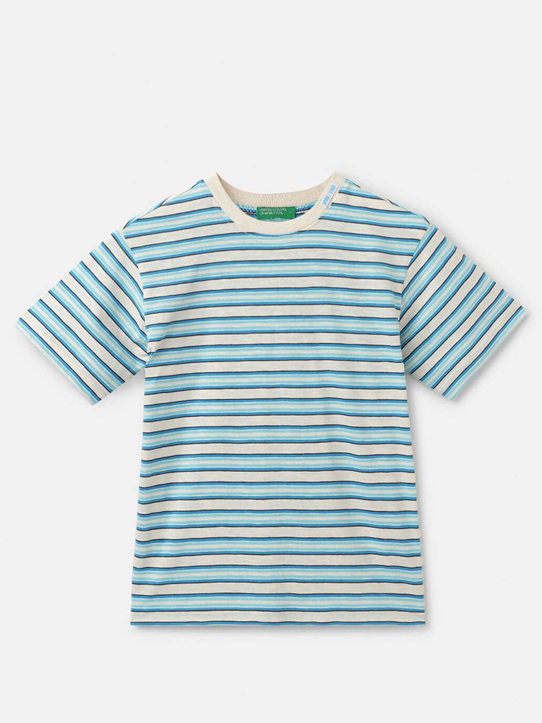 

United Colors of Benetton Boys Striped Round Neck Cotton T-shirt, Blue