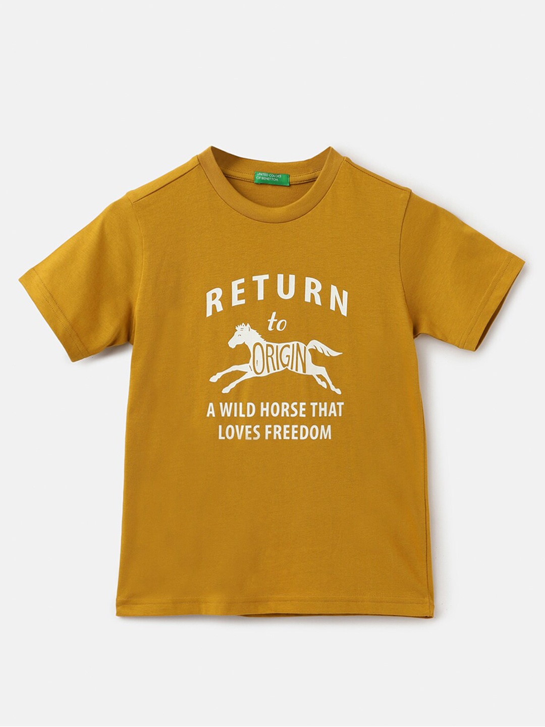 

United Colors of Benetton Boys Round Neck Short Sleeves Printed Pure Cotton T-shirt, Yellow