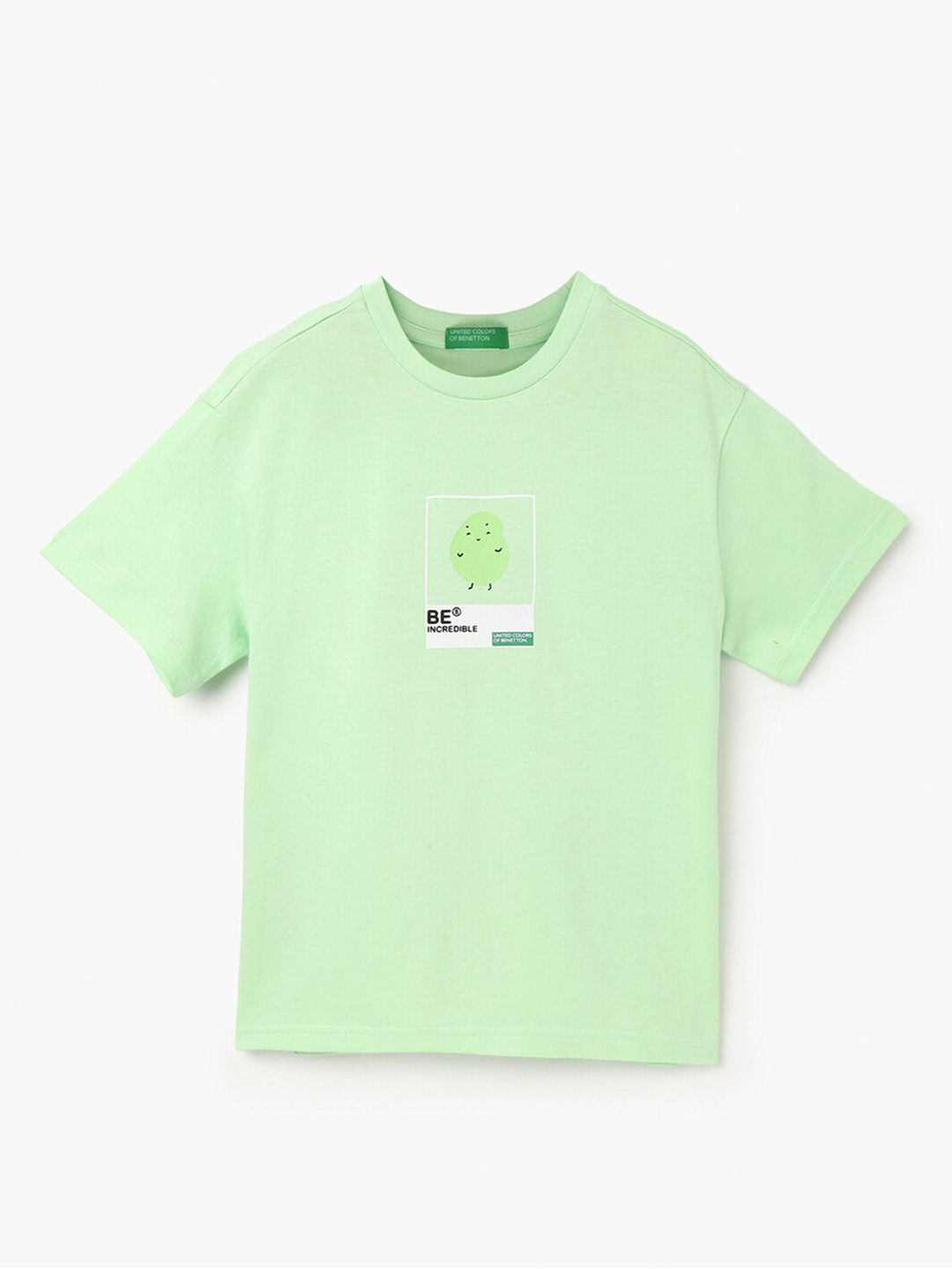 

United Colors of Benetton Boys Round Neck Short Sleeves Printed Pure Cotton Boxy T-shirt, Green