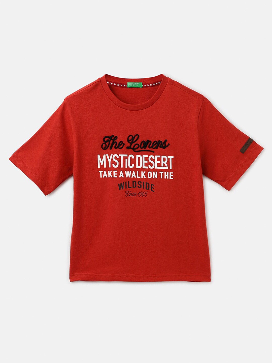 

United Colors of Benetton Boys Typography Printed Round Neck Pure Cotton Boxy T-shirt, Red