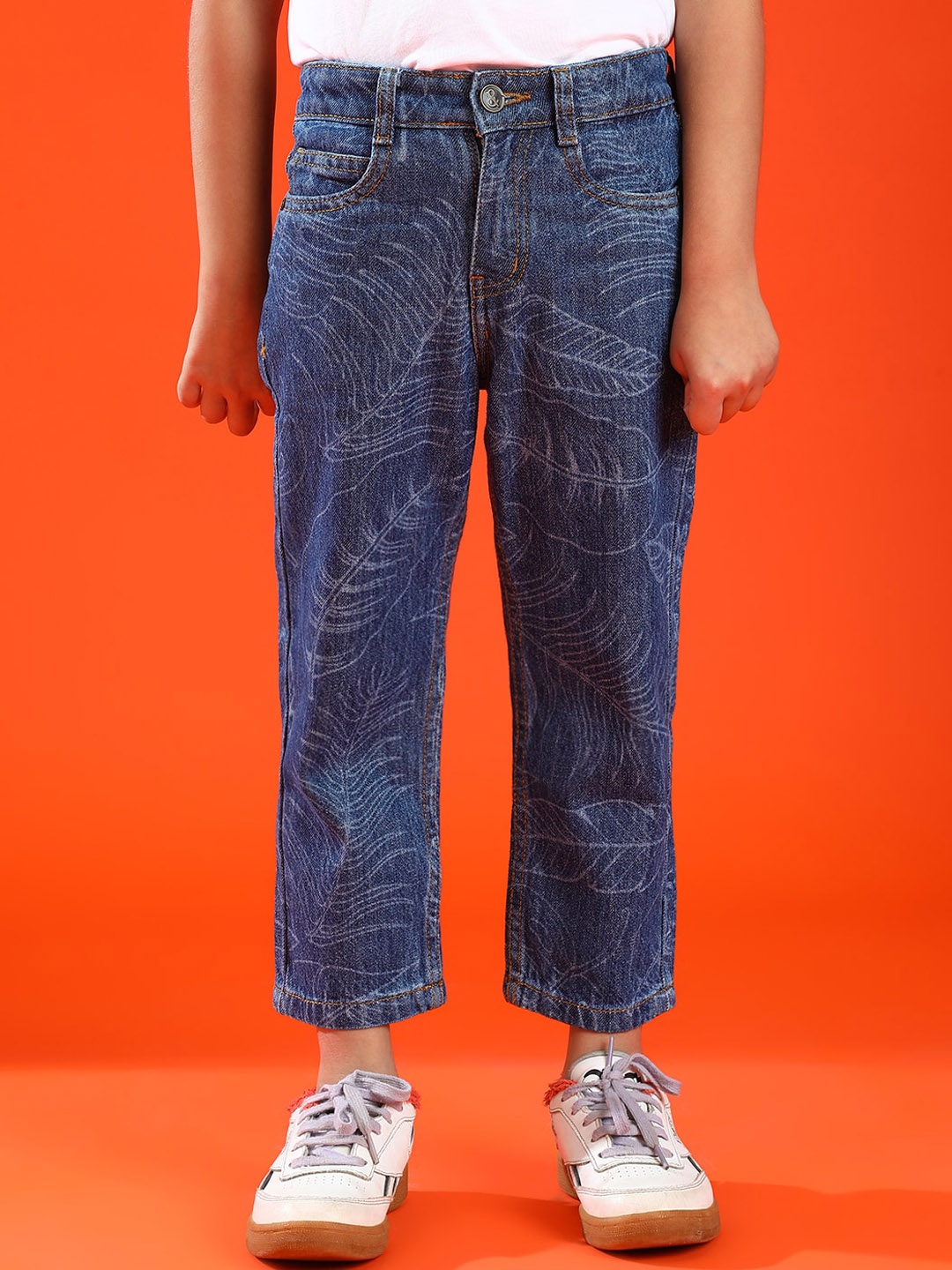 

TALES & STORIES Boys Slim Fit Mid-Rise Heavy Fade Clean Look Printed Cotton Cropped Jeans, Blue