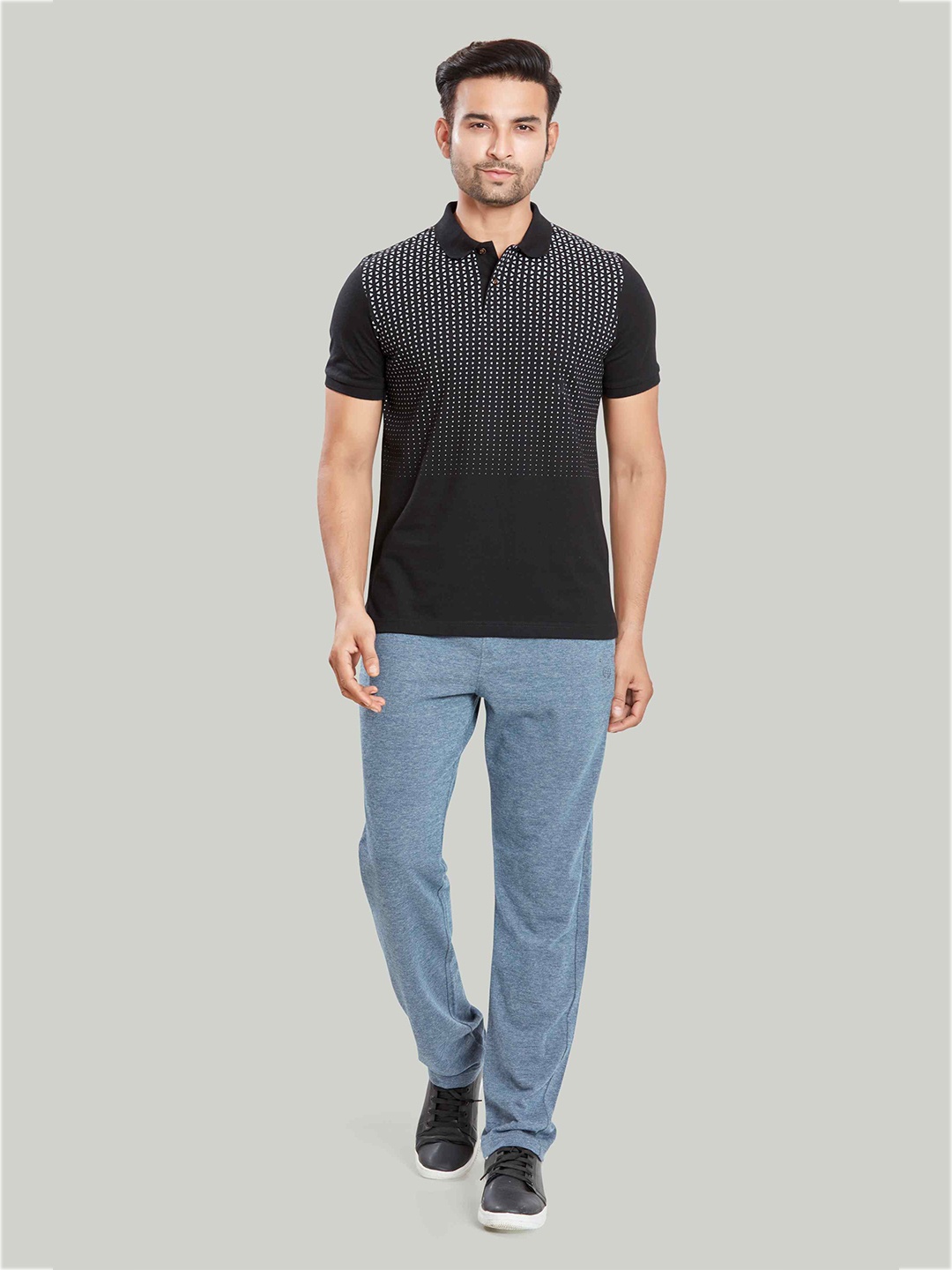 

CELSIUS Regular Fit Geometric Print Polo Collar Cotton T-shirt, Black